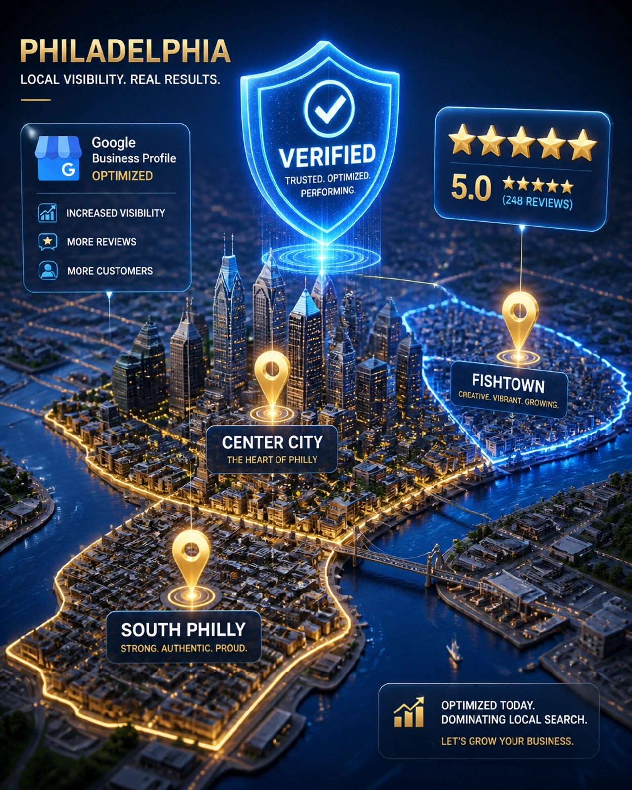 A stylized 3D map of Philadelphia neighborhoods with glowing pins and a holographic 'Verified' shield, representing Google Business Profile optimization.
