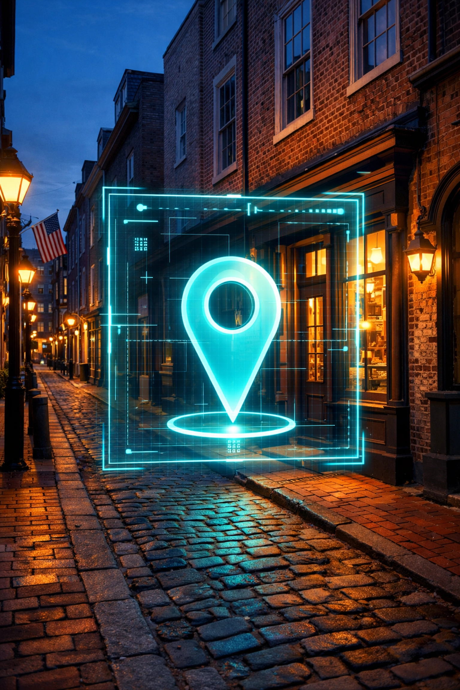 AR map pin on an Old City storefront improving Philadelphia local SEO and online business citations.