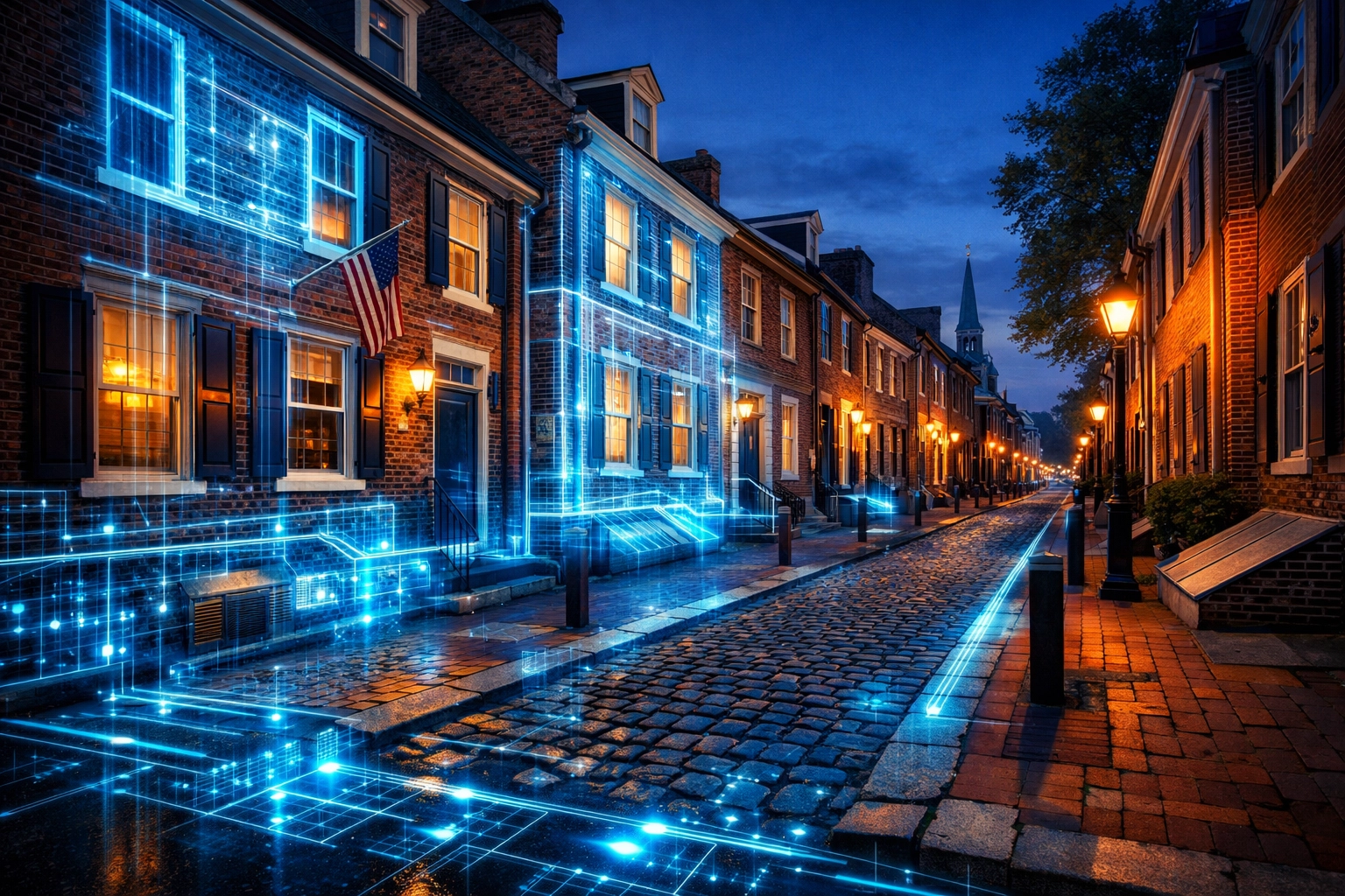 Digital foundation overlay on a Philadelphia rowhome street representing a high-performance website stack.