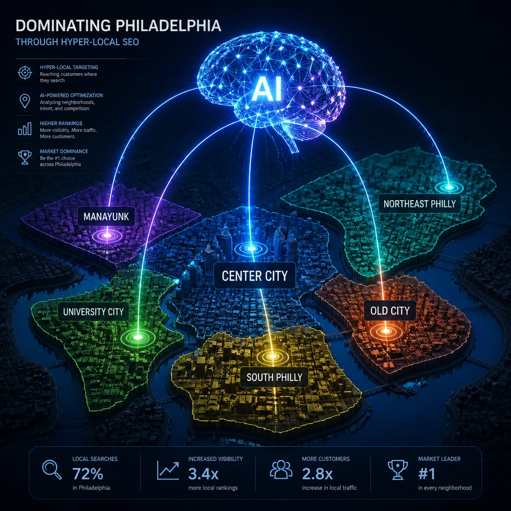 A digital 3D map of Philadelphia neighborhoods with glowing nodes representing SEO dominance and AI connectivity.