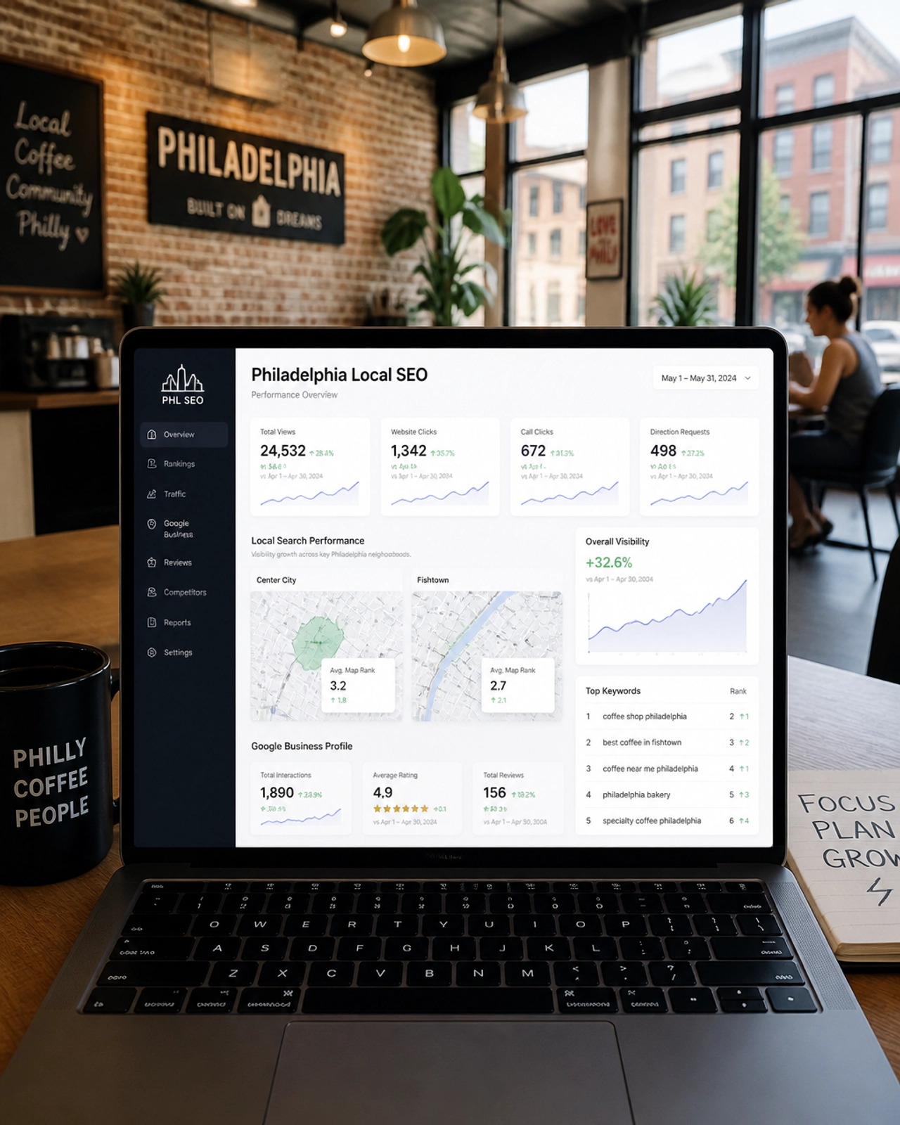 A modern Philadelphia business interior with a laptop showing local SEO growth metrics and analytics.