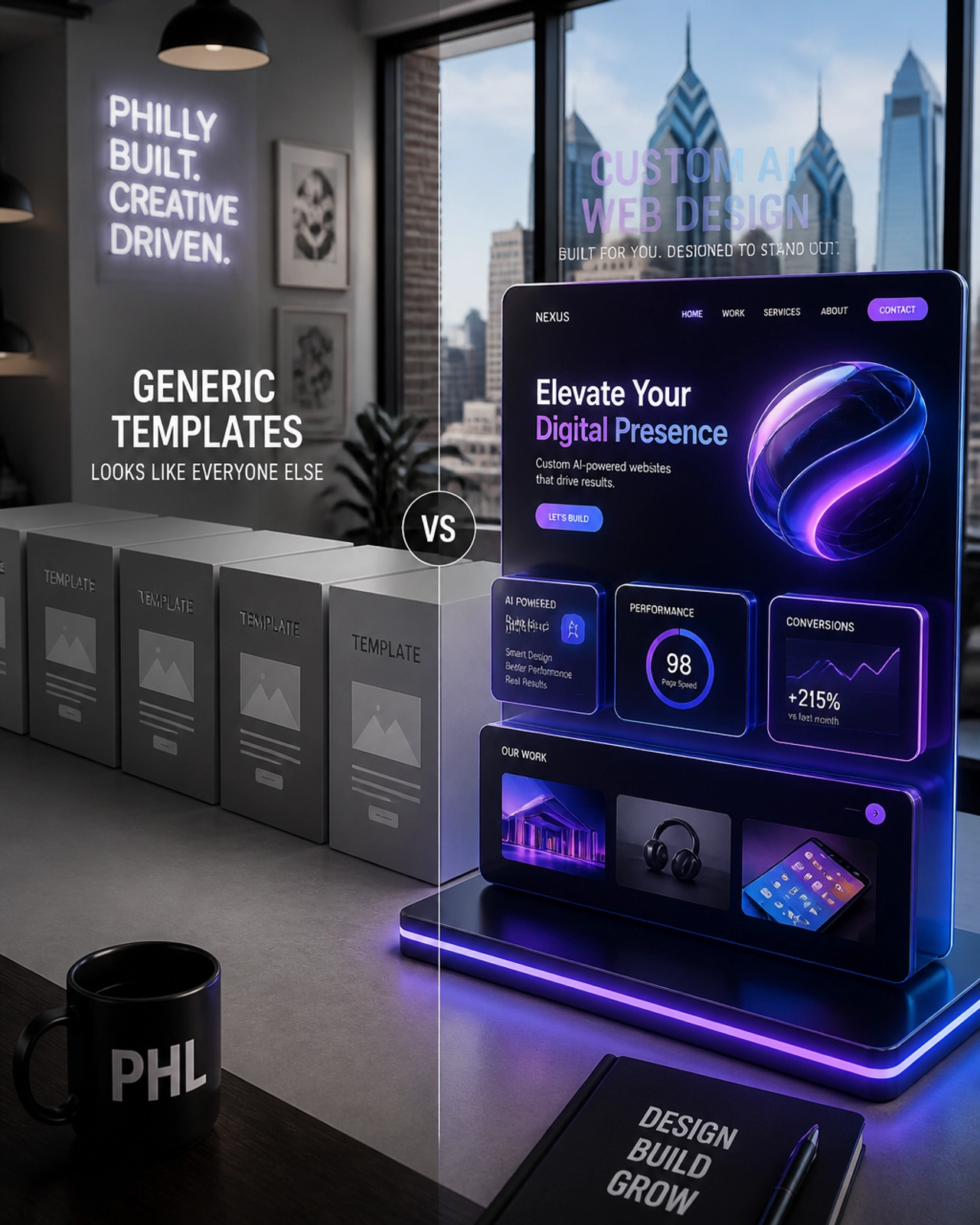 Generic templates vs custom AI web design visual comparison