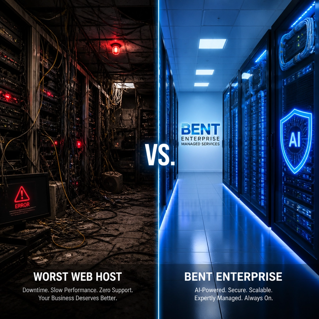 A visual comparison: a dark, messy server room representing a 'worst web host' versus a sleek, modern, blue-lit data center representing BENT Enterprise's managed services.