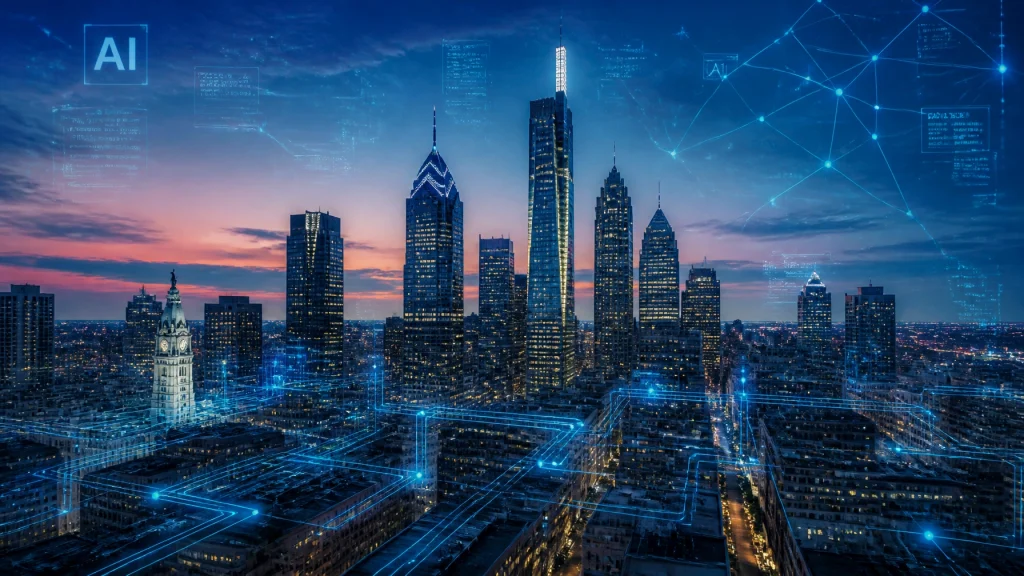 Futuristic AI network overlay on city skyline