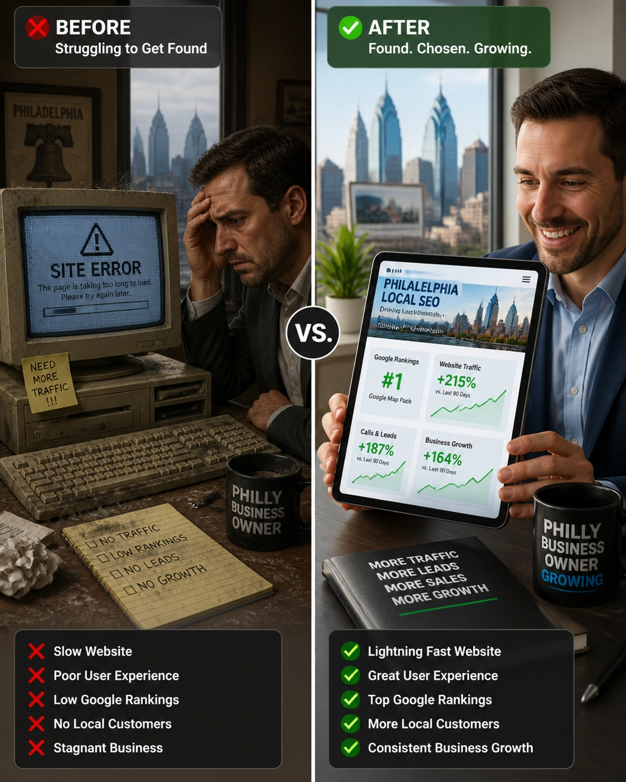 A split-screen comparison: a frustrated Philly business owner with a slow site vs a happy owner with a fast AI-optimized site
