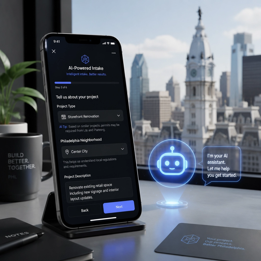 A smartphone displaying a sleek AI-powered intake form with Philadelphia-specific fields on a modern desk.