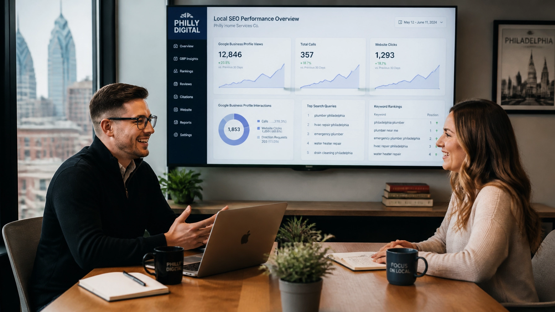 A professional consultation in a Philadelphia office showing a strategist and business owner reviewing a performance dashboard.