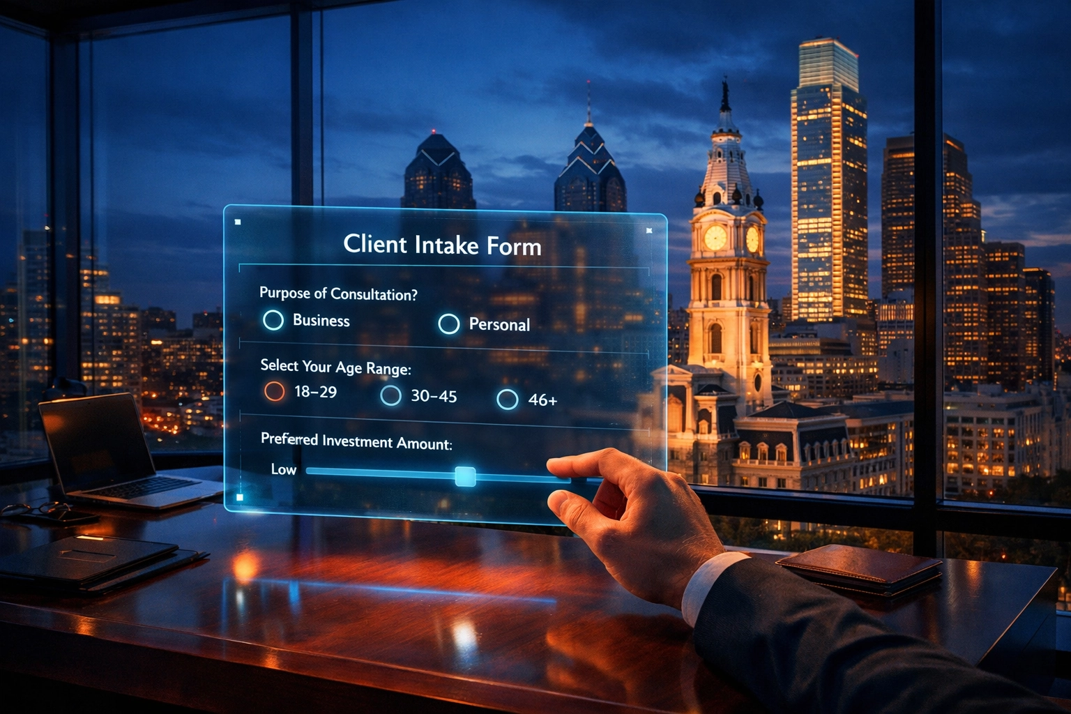 Interactive AI-powered intake form on a digital display in a Center City Philadelphia office.
