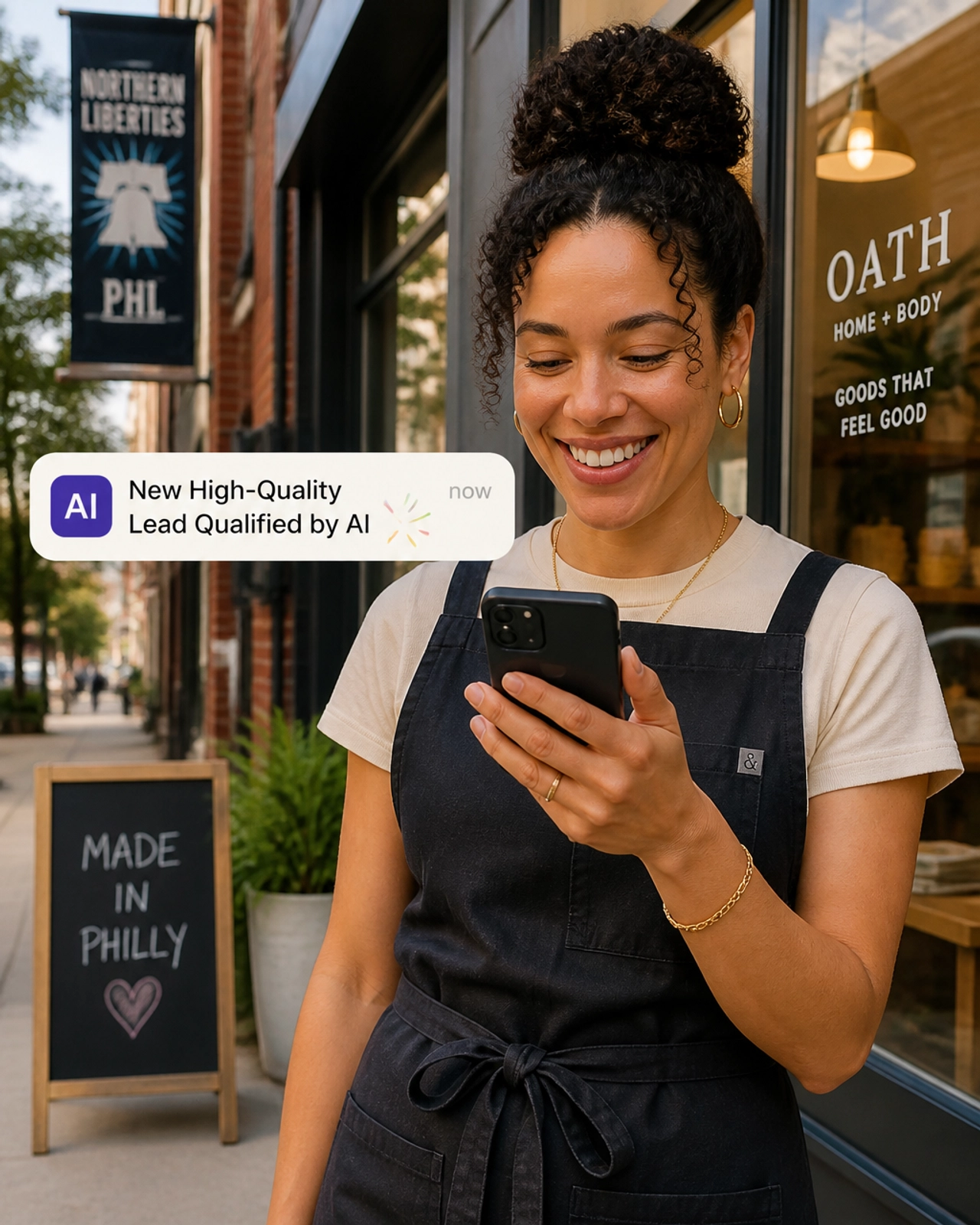 Philly business owner smiling at a qualified lead notification