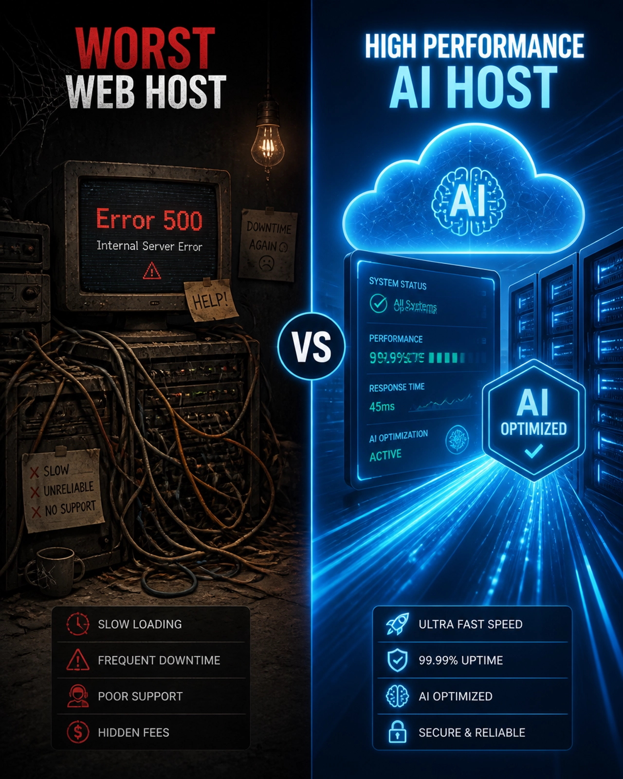 Comparison between a cluttered, broken server room and a sleek modern AI-optimized host interface