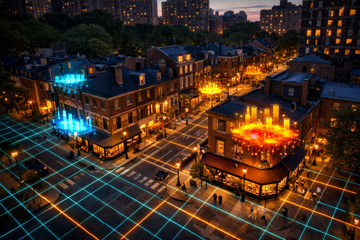 AI digital heat map overlaying Philadelphia Rittenhouse Square storefronts for local SEO search trends.