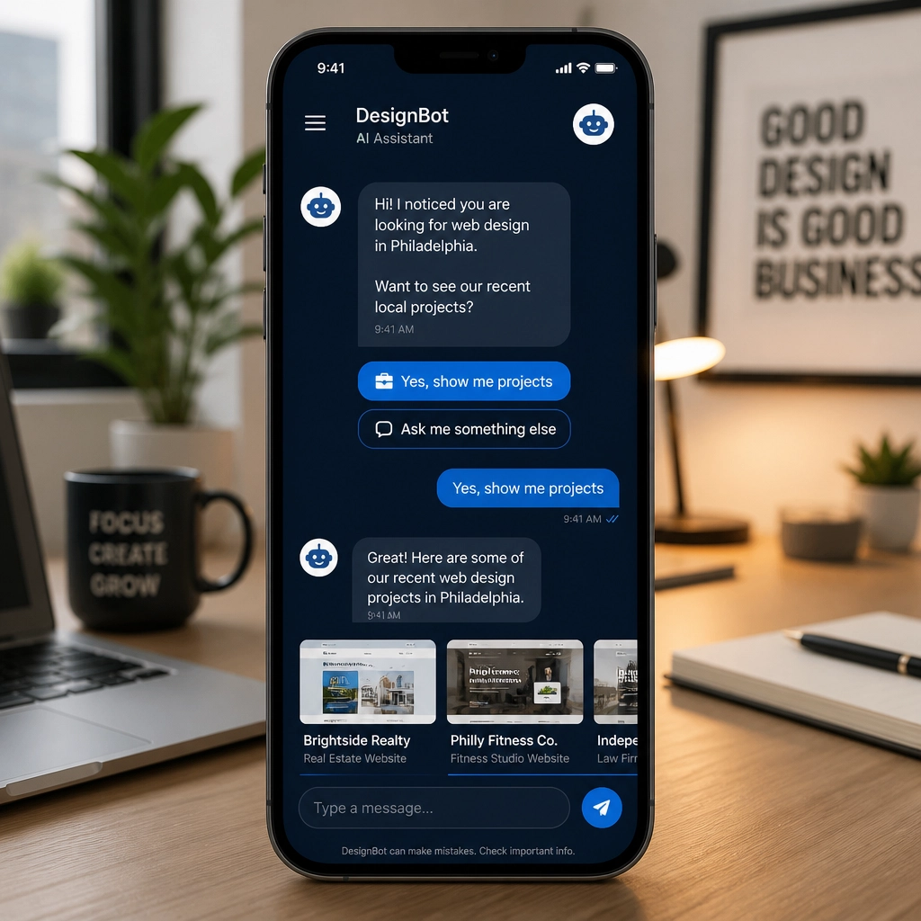A sleek AI chatbot interface on a smartphone helping a customer