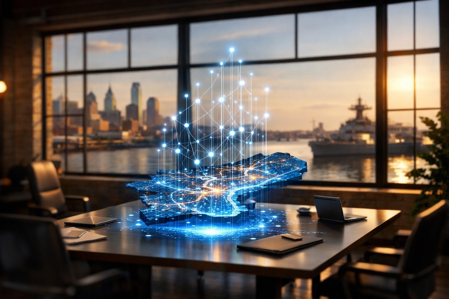 Digital network and Philadelphia map in a modern office symbolizing business growth and AI.