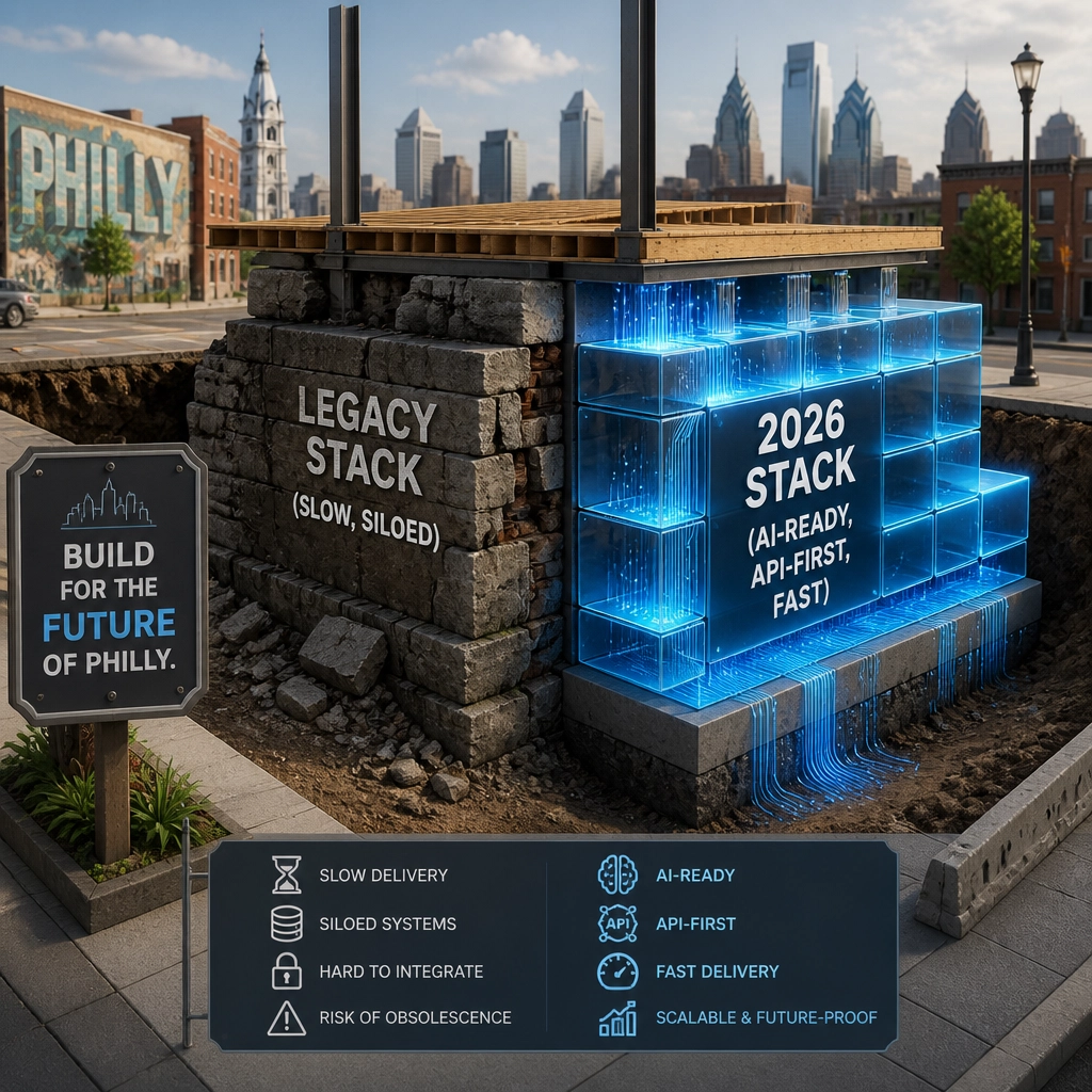 A comparison between a crumbling legacy stack and a modern, glowing digital foundation in Philadelphia.