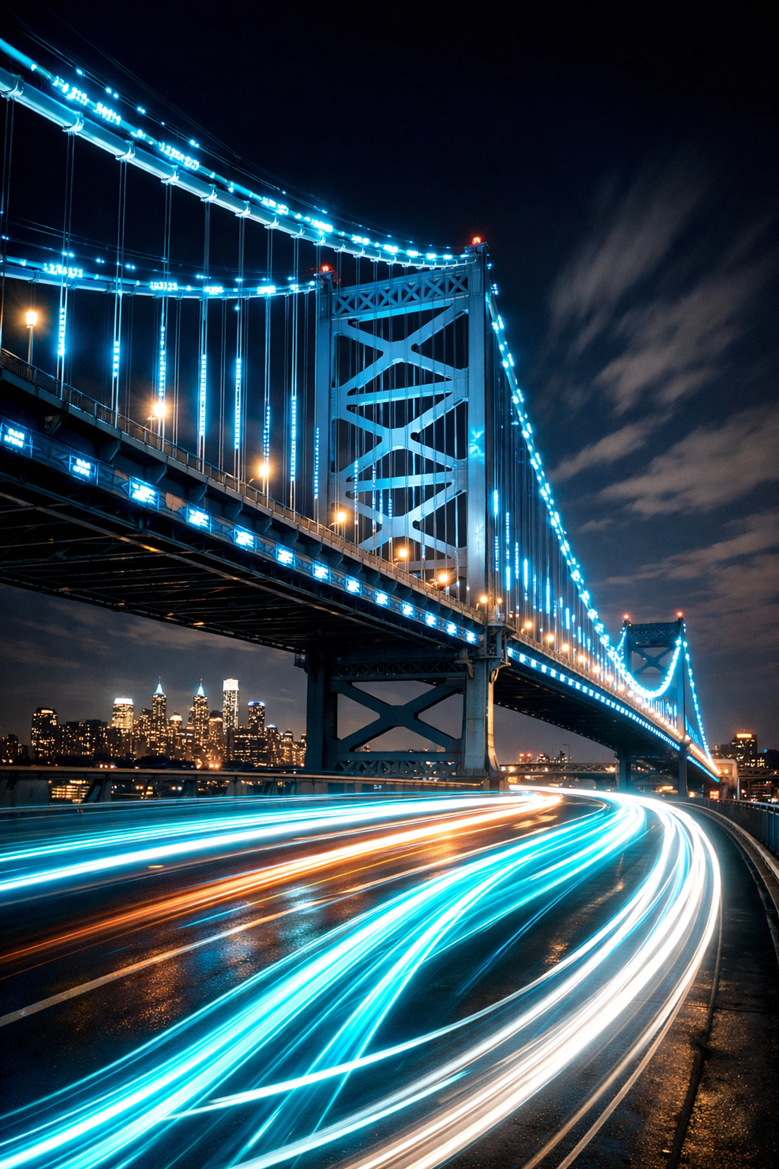 Ben Franklin Bridge with light trails representing high-speed website performance and data flow.