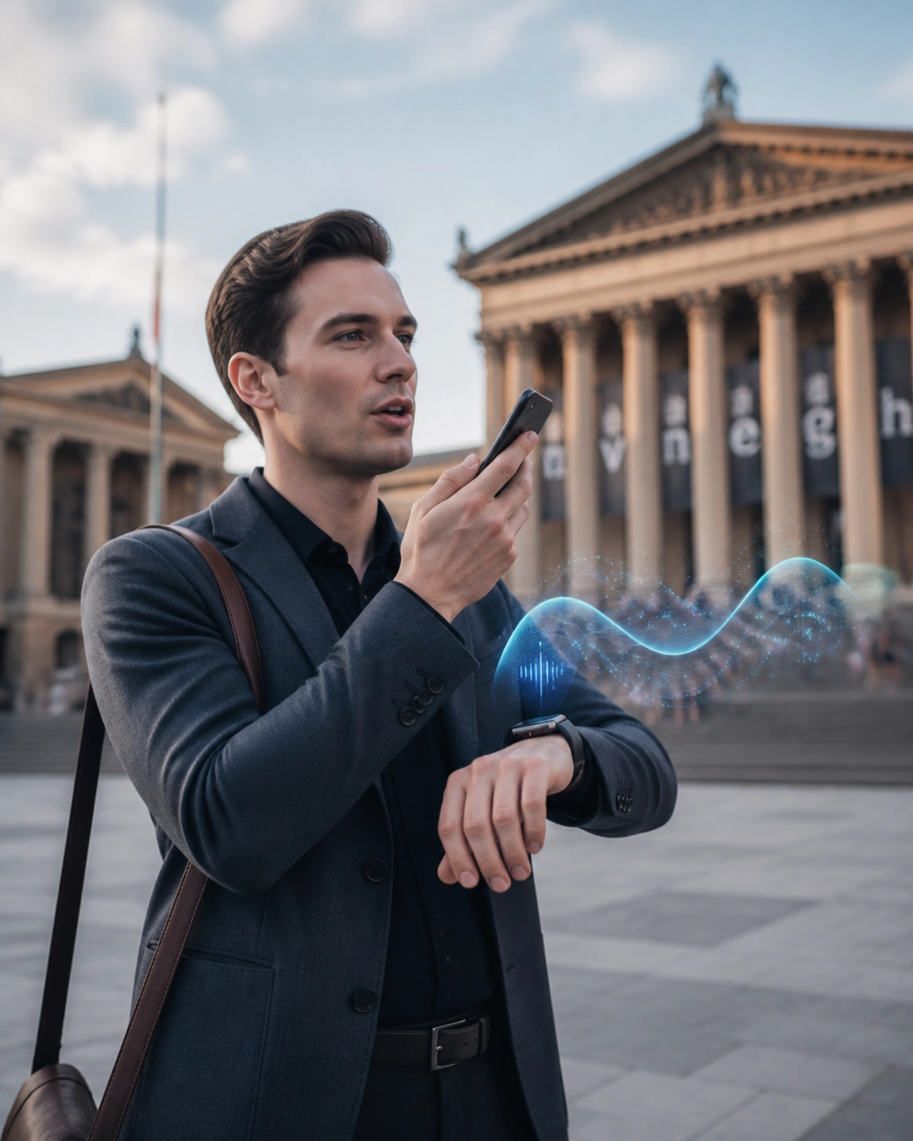 A young professional in front of the Philadelphia Museum of Art using voice search on their device with holographic AI waves.