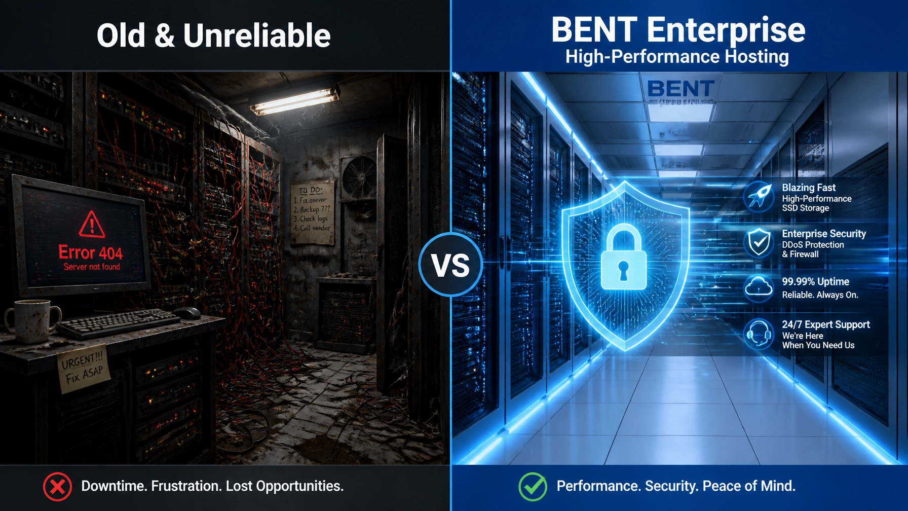 A split-screen comparison of a messy, unreliable server room vs. a high-performance, secure data center.
