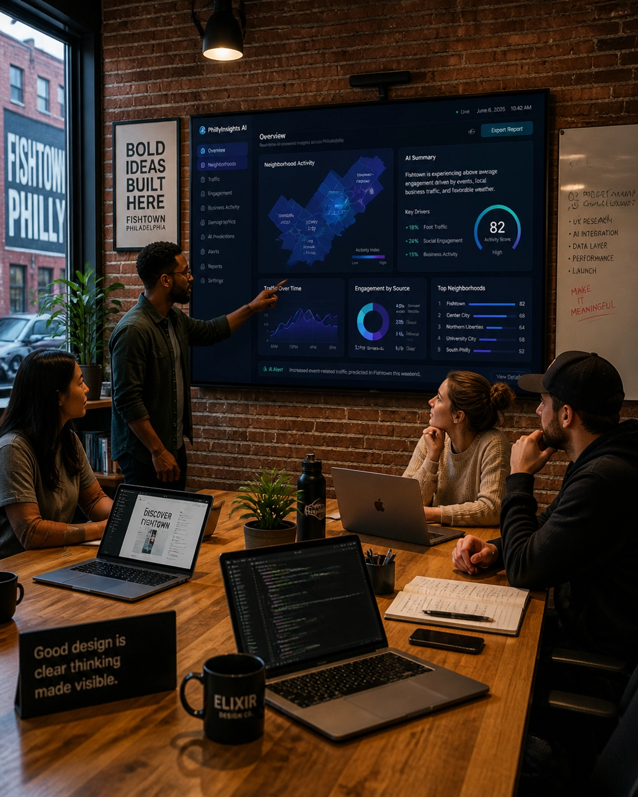 A collaborative team in a modern Fishtown office reviewing an AI-driven dashboard