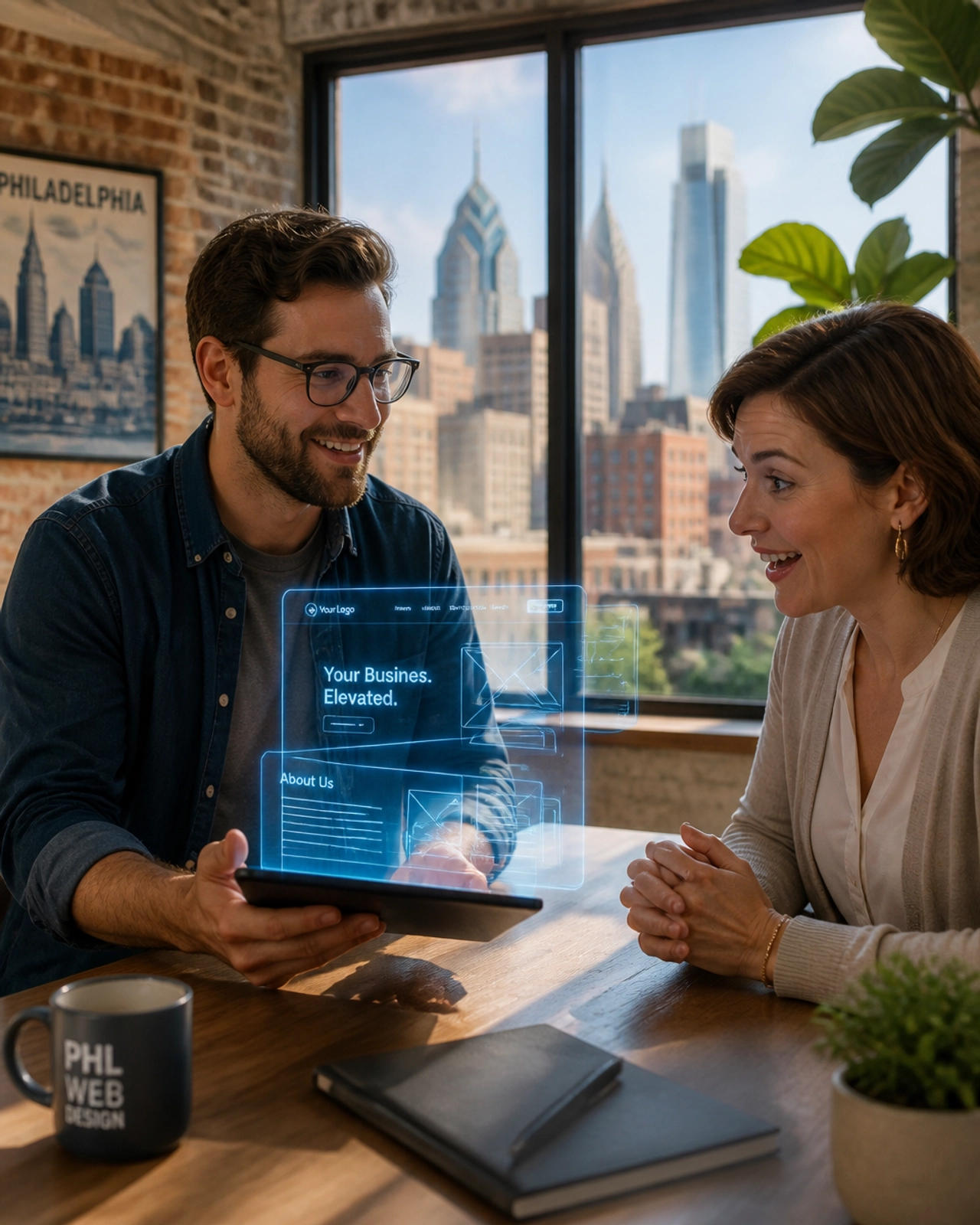Professional web designer showing a 3D holographic wireframe to a Philadelphia business owner