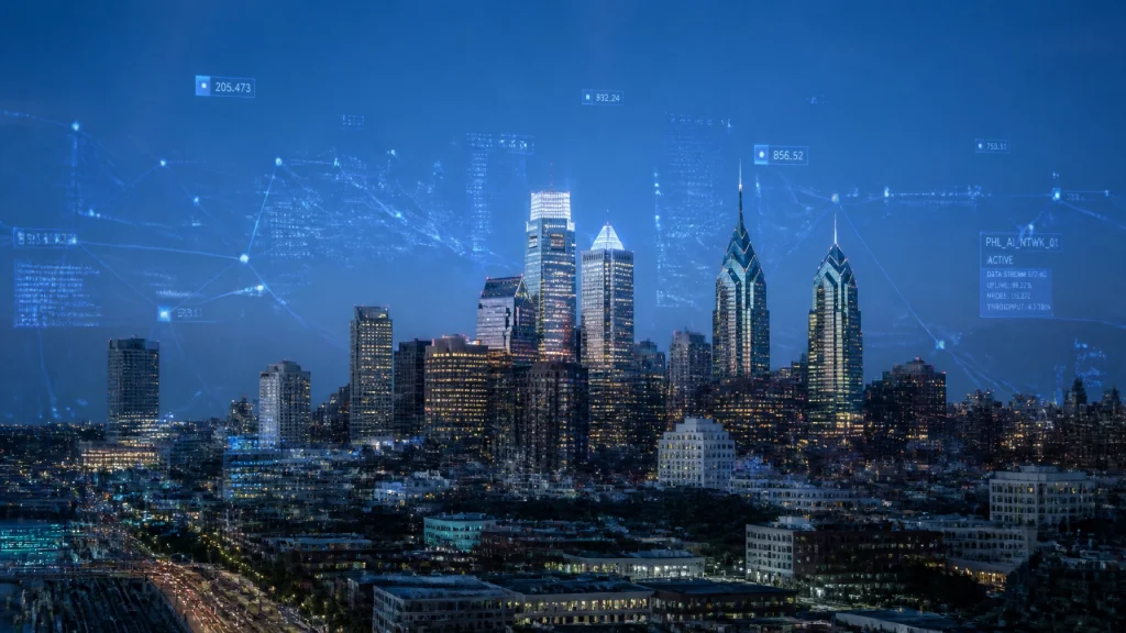 City skyline with digital network data overlay at night
