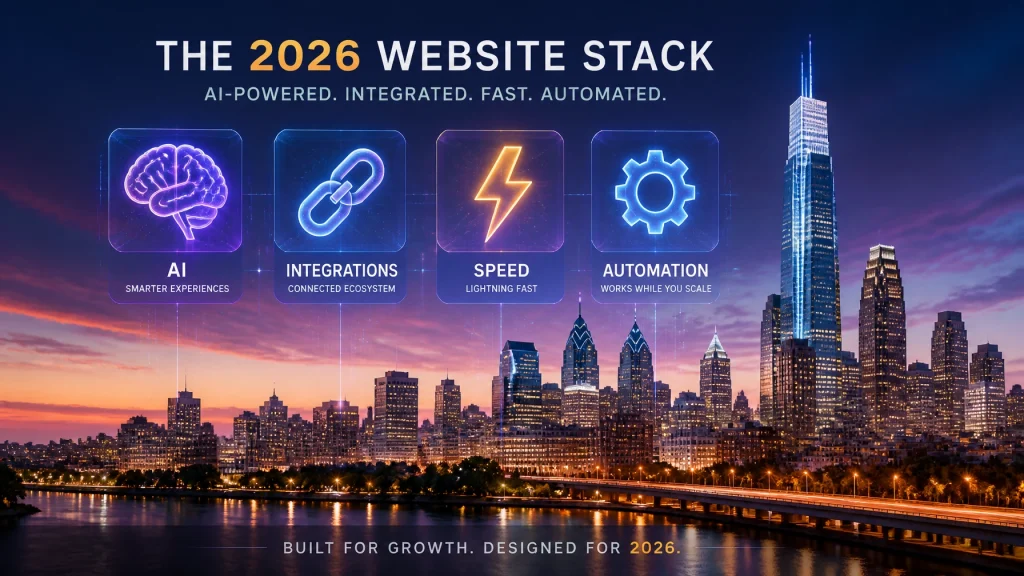 2026 website stack graphic over city skyline
