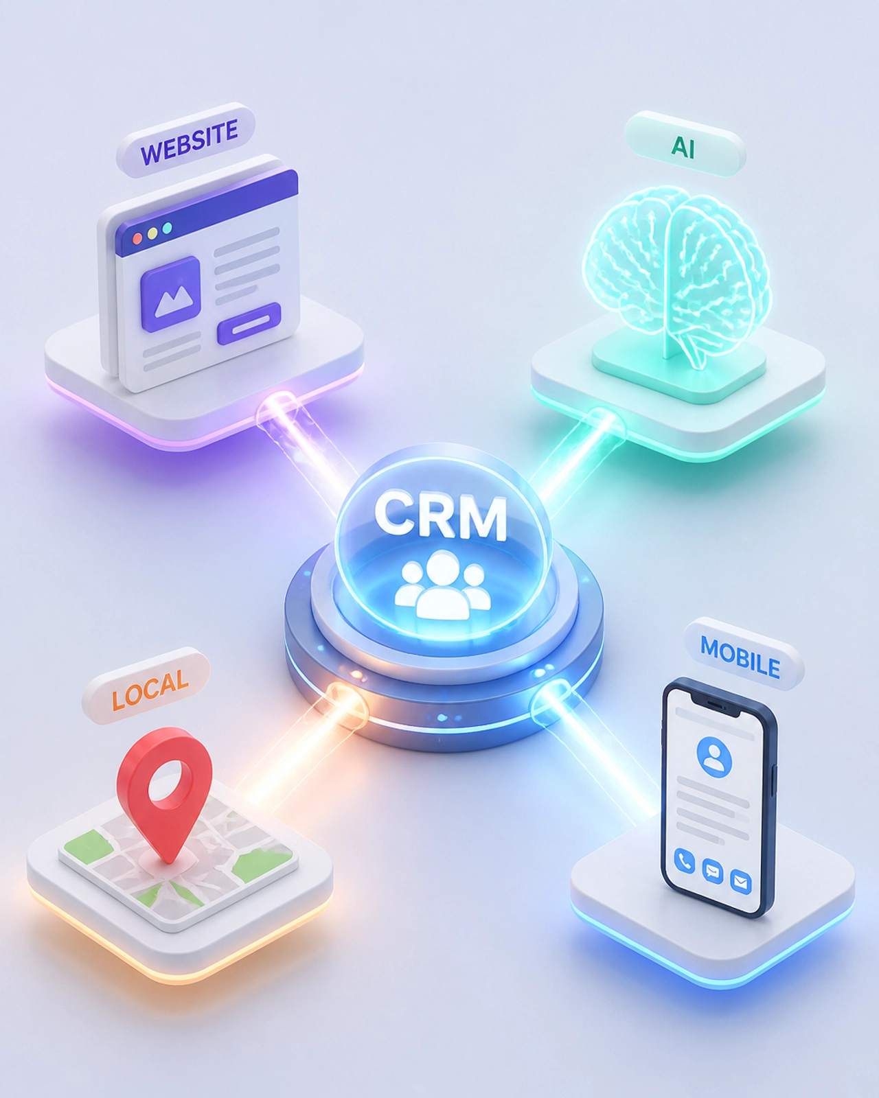 A modern 3D illustration showing a central CRM hub connected to AI, website, and mobile modules