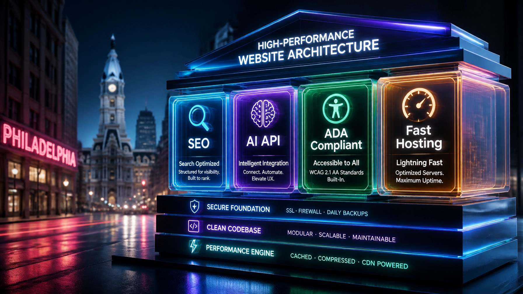 Technical web architecture visualization showing the integration of SEO and AI components