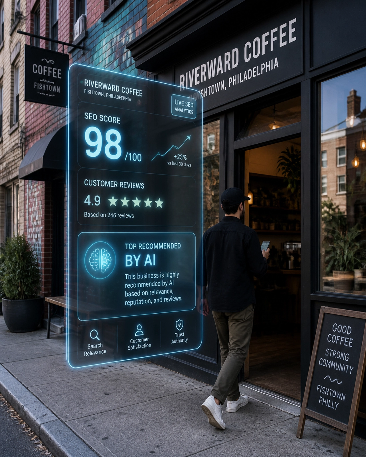A modern Fishtown coffee shop storefront with a holographic AI display showing a high SEO score and positive reviews.