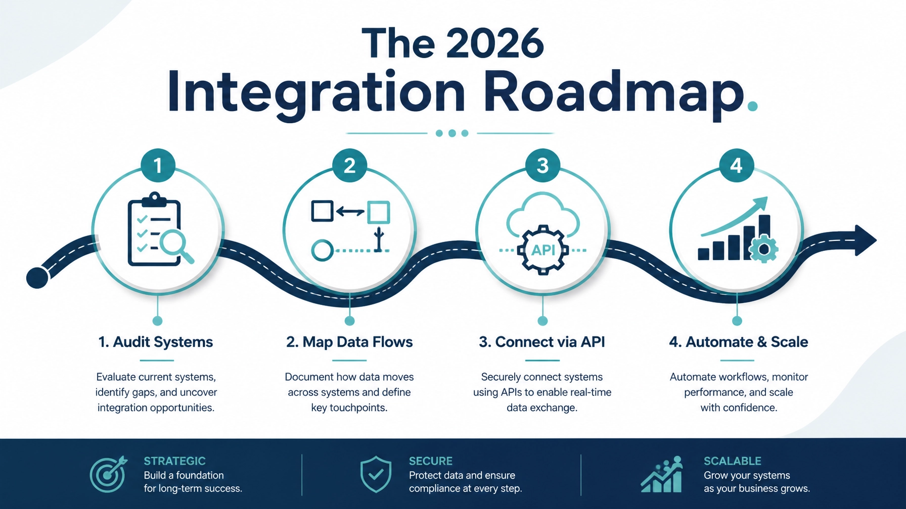 A professional 2026 Integration Roadmap showing the steps from Audit to Scale