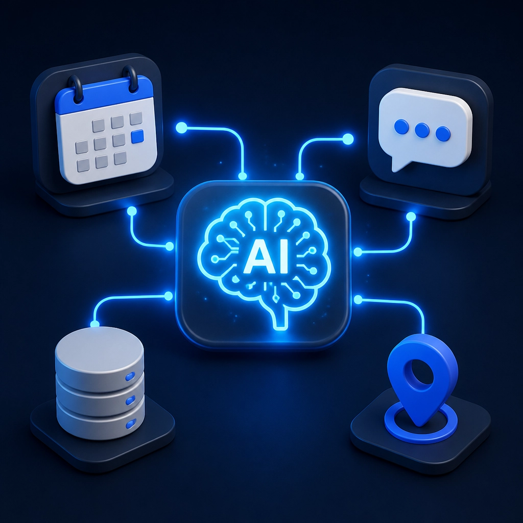 Conceptual 3D illustration of integrated digital business tools and AI