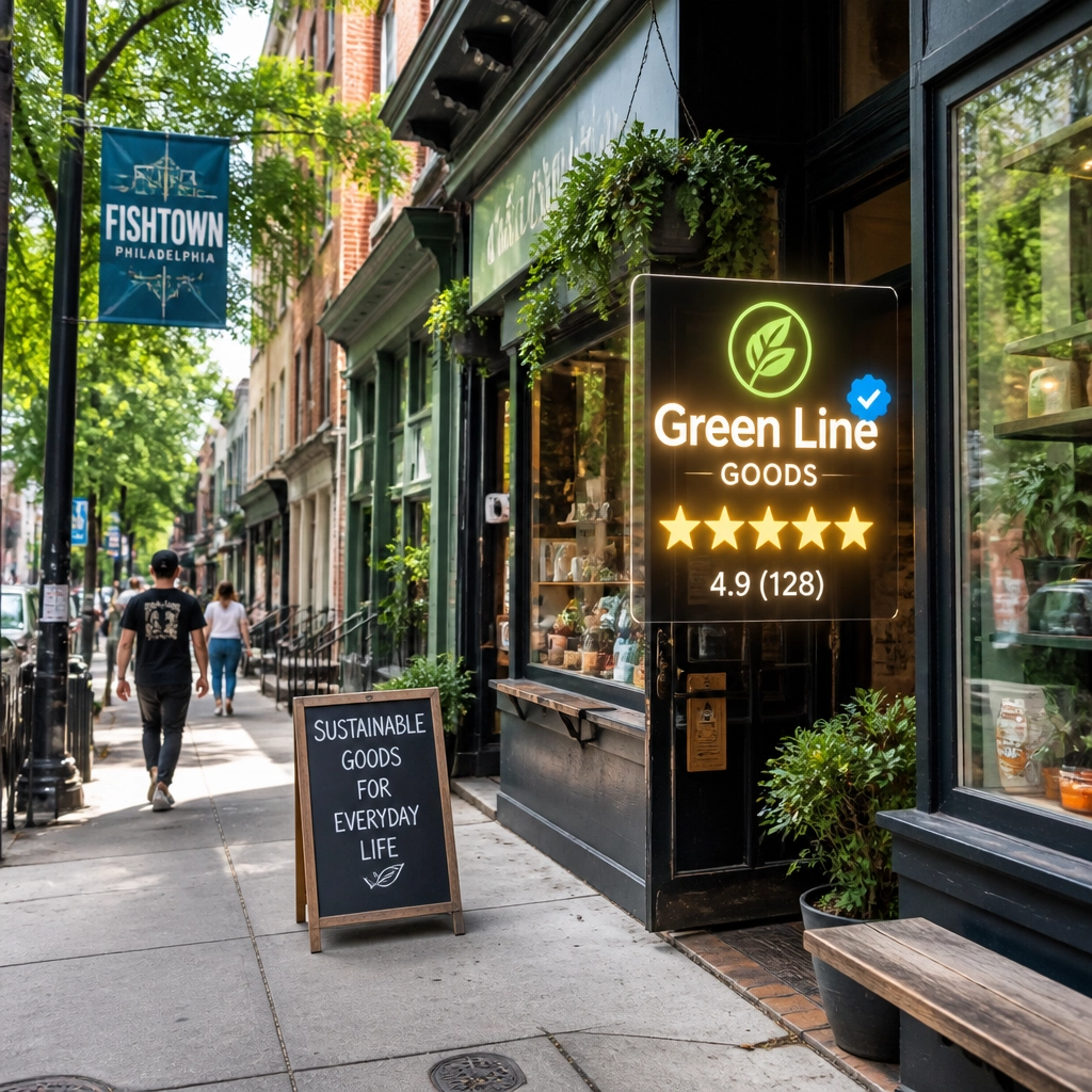 A vibrant Philadelphia storefront with AI-enhanced rating overlays
