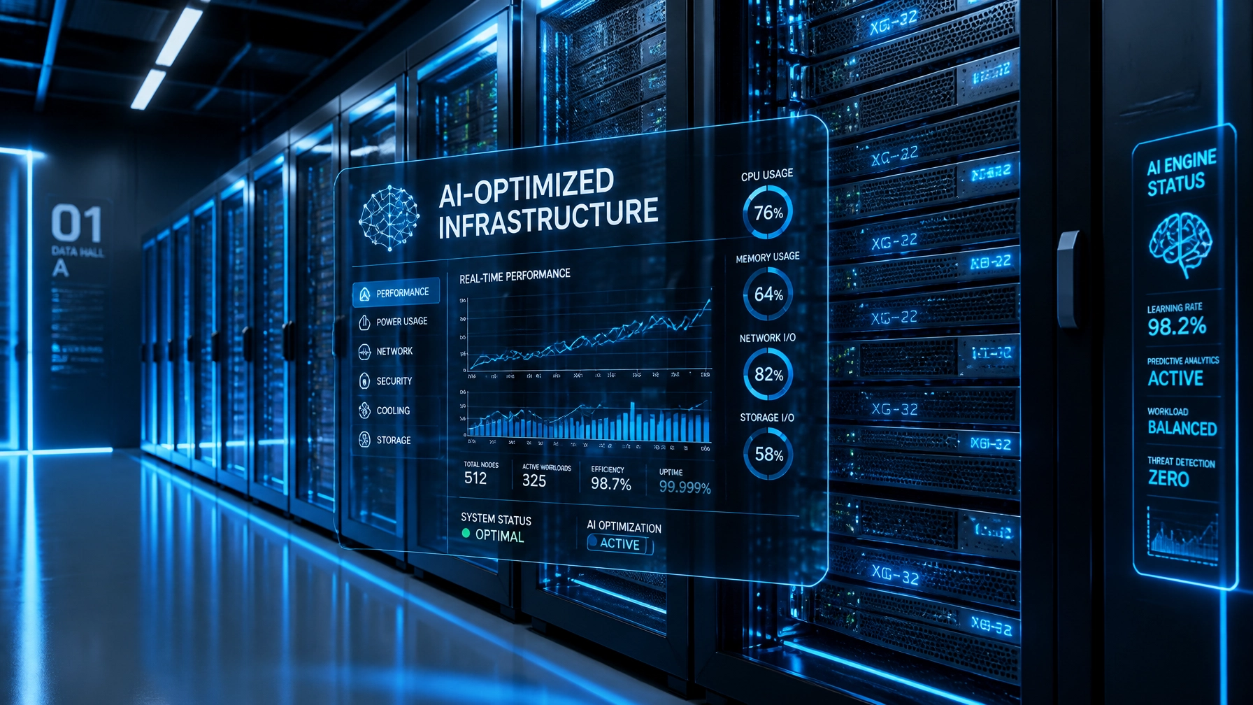A futuristic, high-tech server room with glowing blue neon lighting representing AI-optimized infrastructure