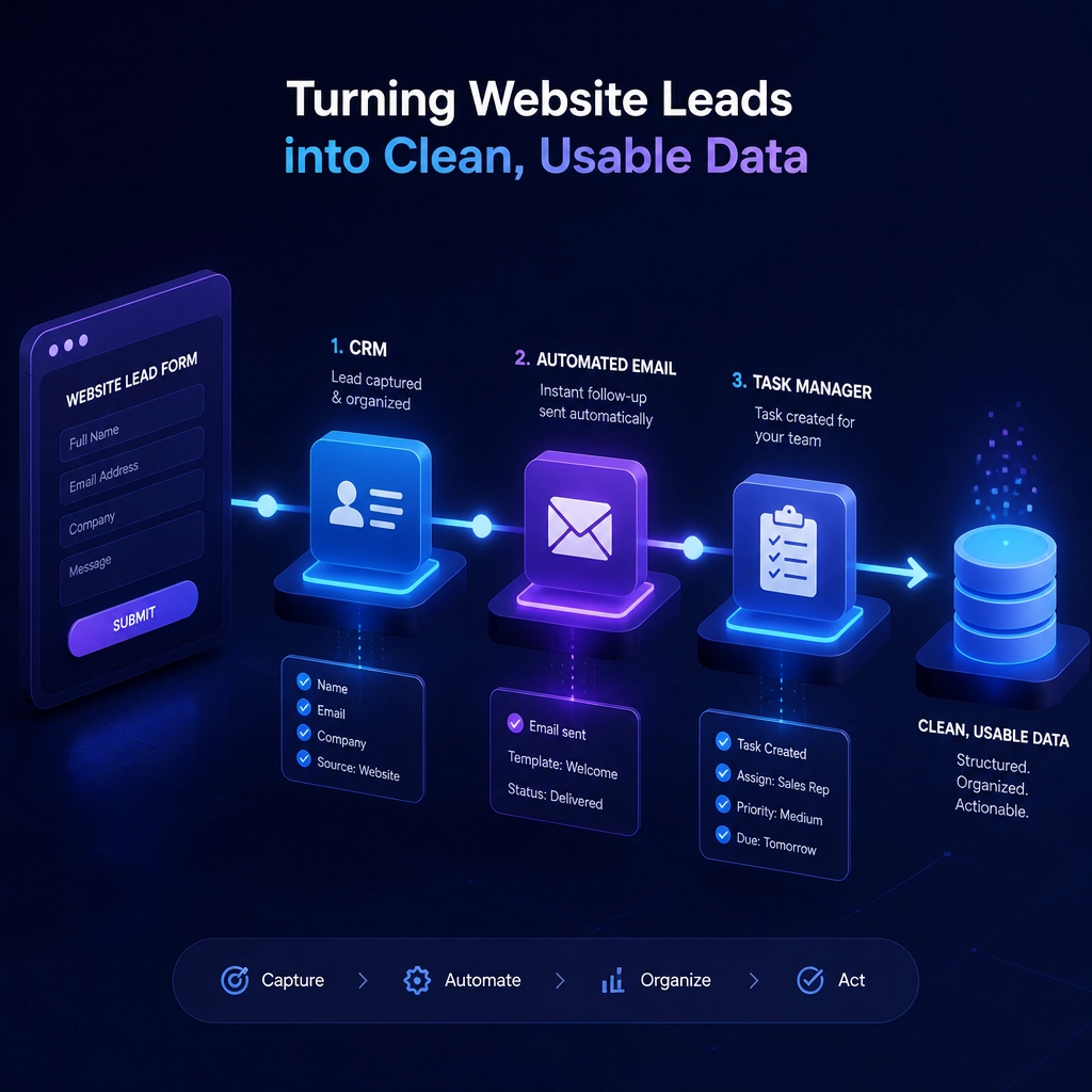 An isometric visualization of a website form connecting to a CRM and automated task manager.