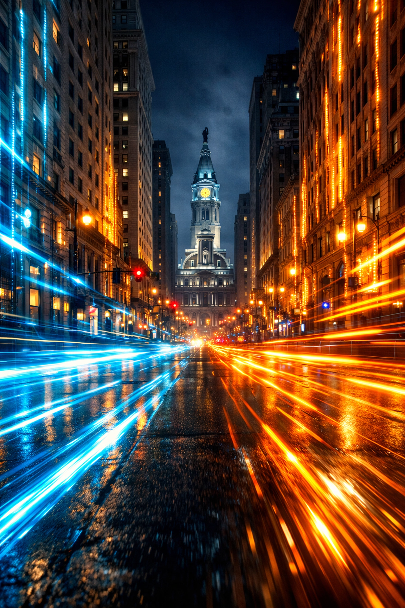 High-speed data streams flowing past Philadelphia City Hall representing fast local SEO infrastructure.