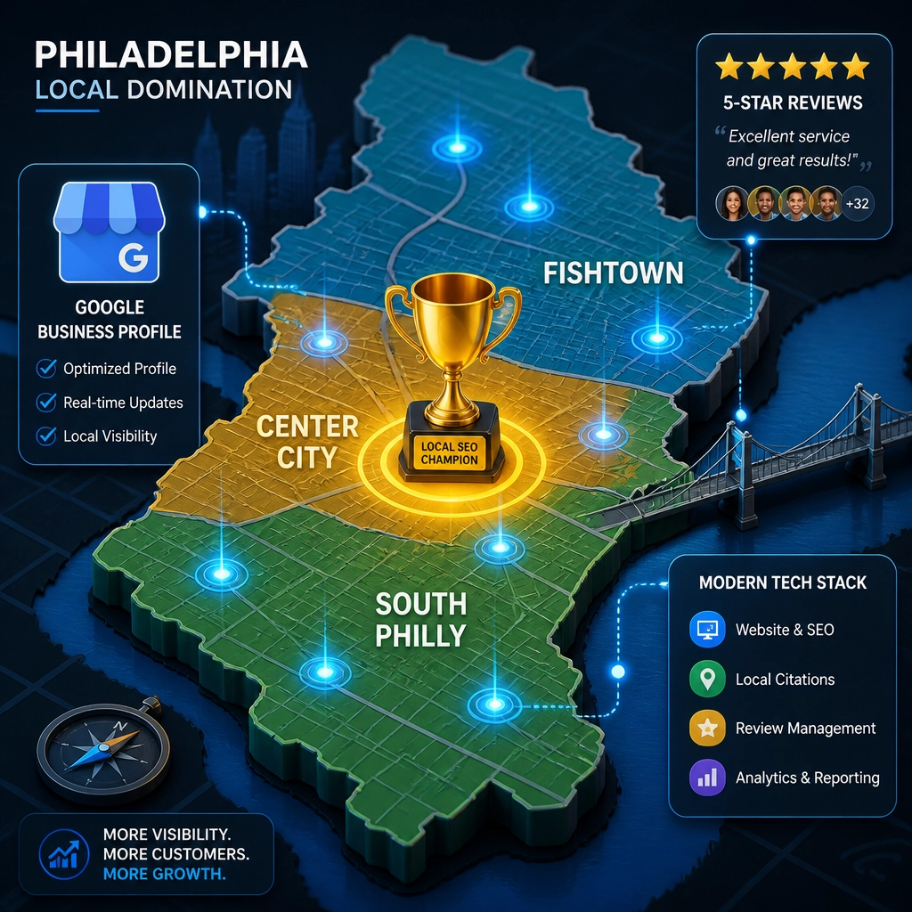 A digital map of Philadelphia showing a business winning the local SEO competition.