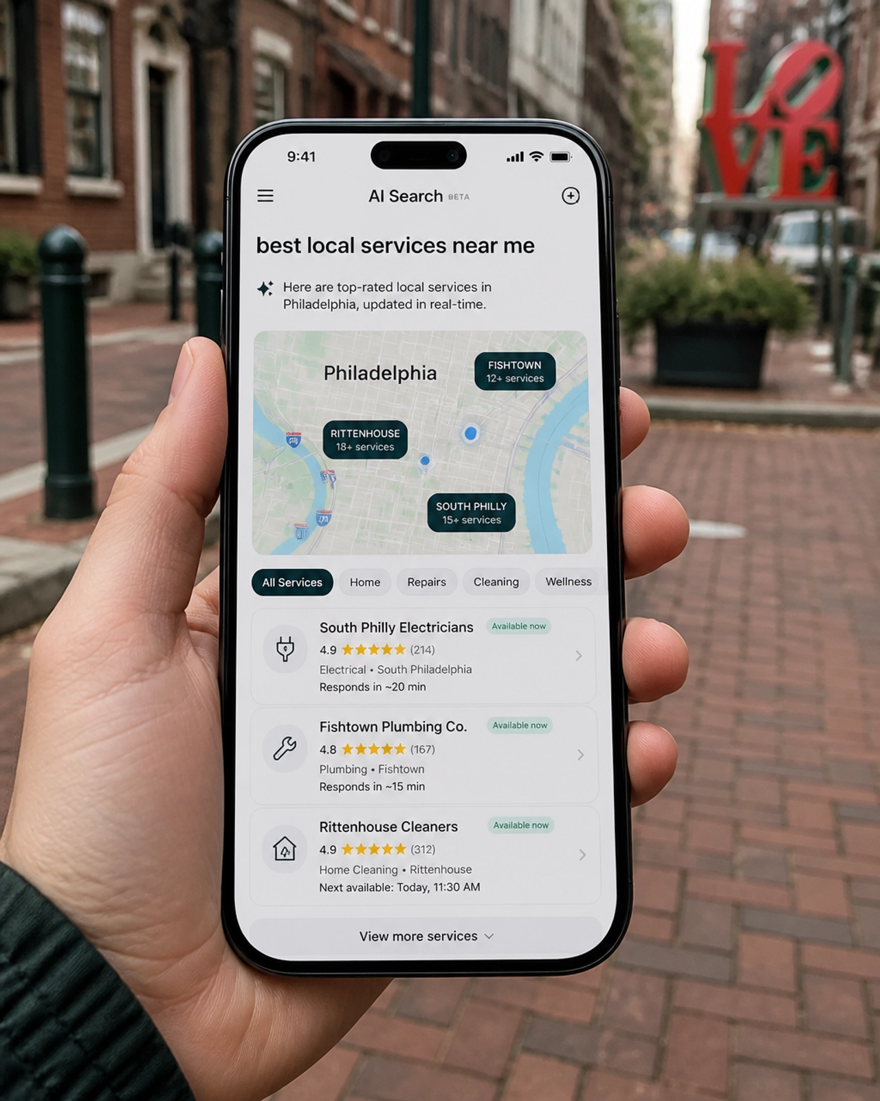 A person in Old City holding a smartphone showing an AI search result for local services with neighborhood markers.