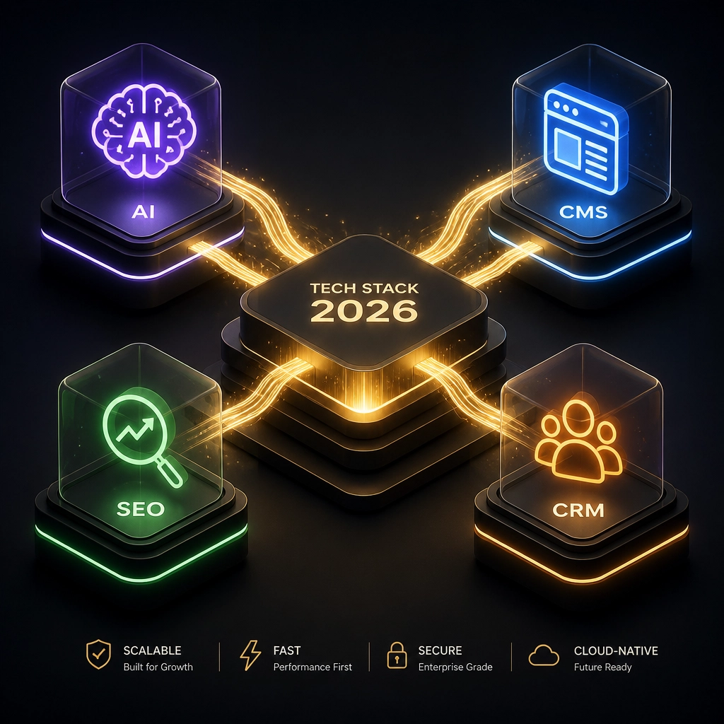 Abstract 3D tech stack visualization showing AI, CMS, SEO, and CRM icons connected