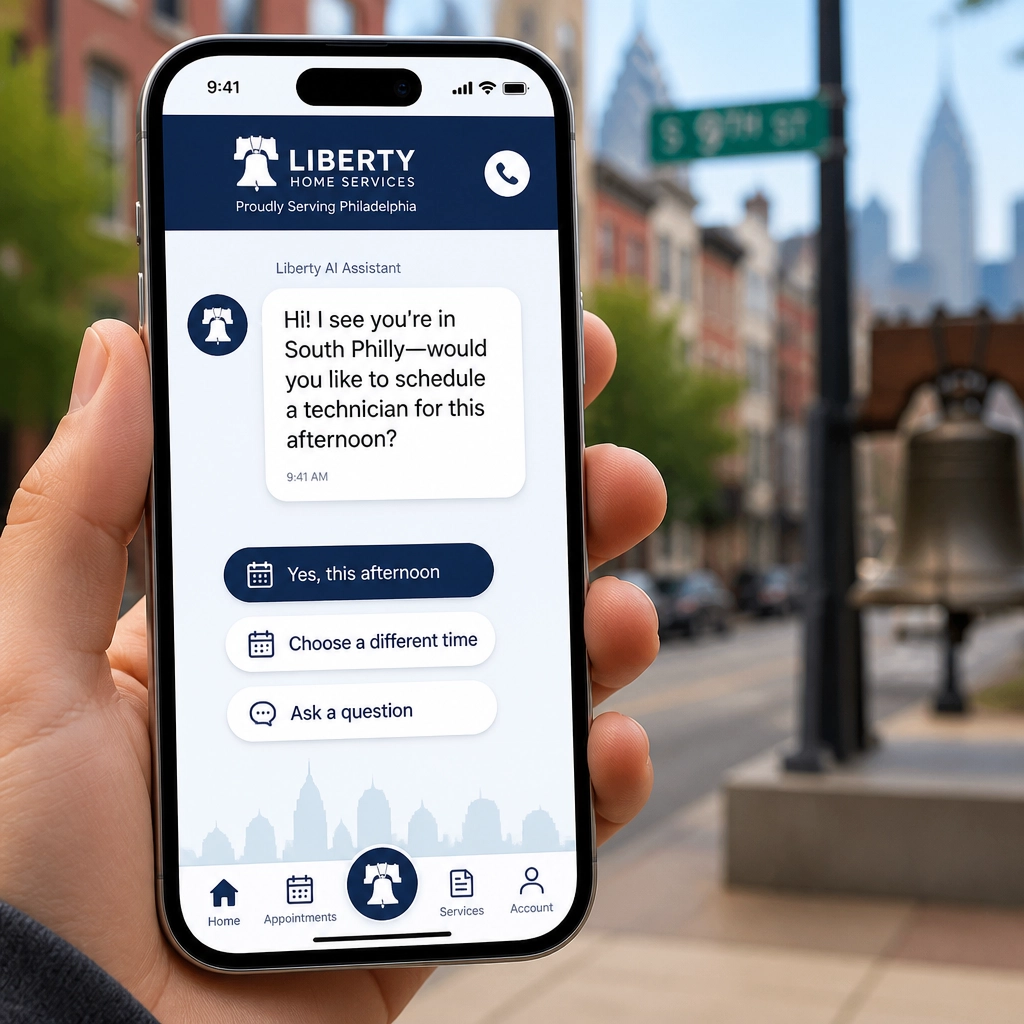 Close-up of a smartphone showing a local Philadelphia AI chatbot helping a customer with scheduling.