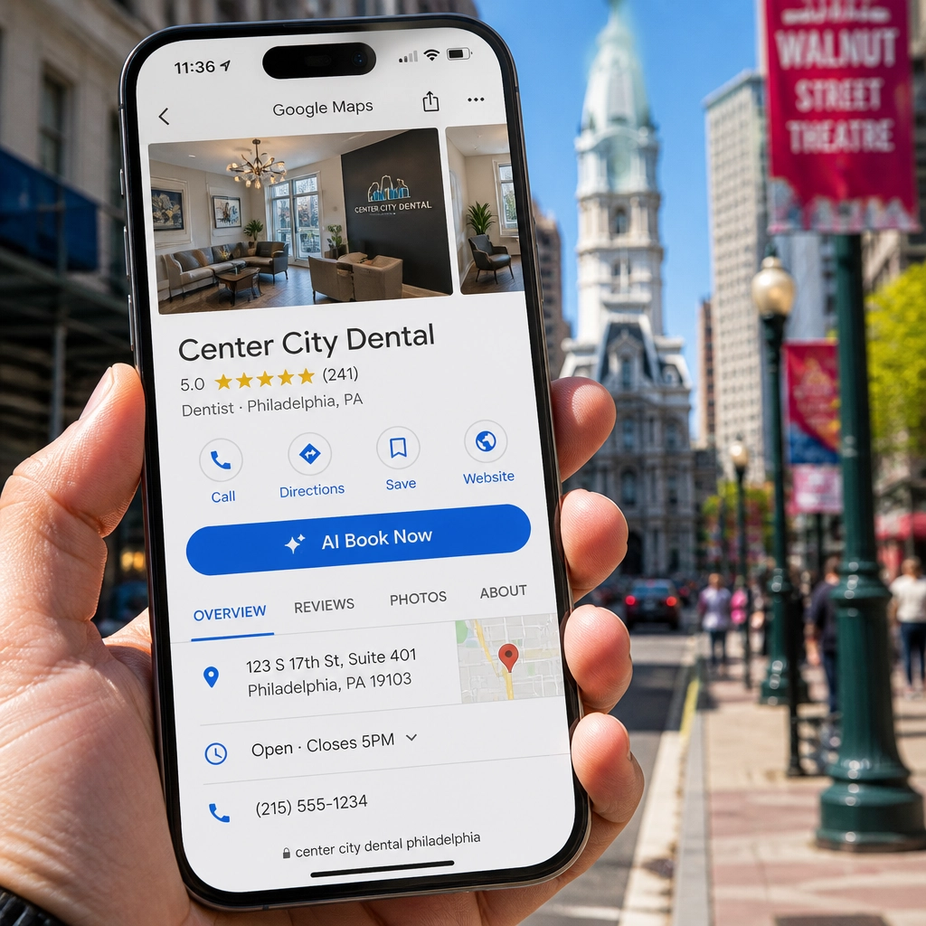 Close up of a smartphone showing a 5-star Philly business on Google Maps with an AI booking button
