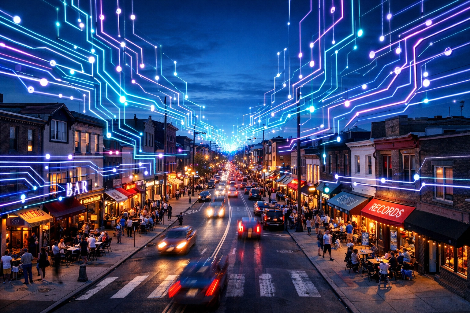 Philadelphia business street in Fishtown integrated with a digital network for automated lead management.