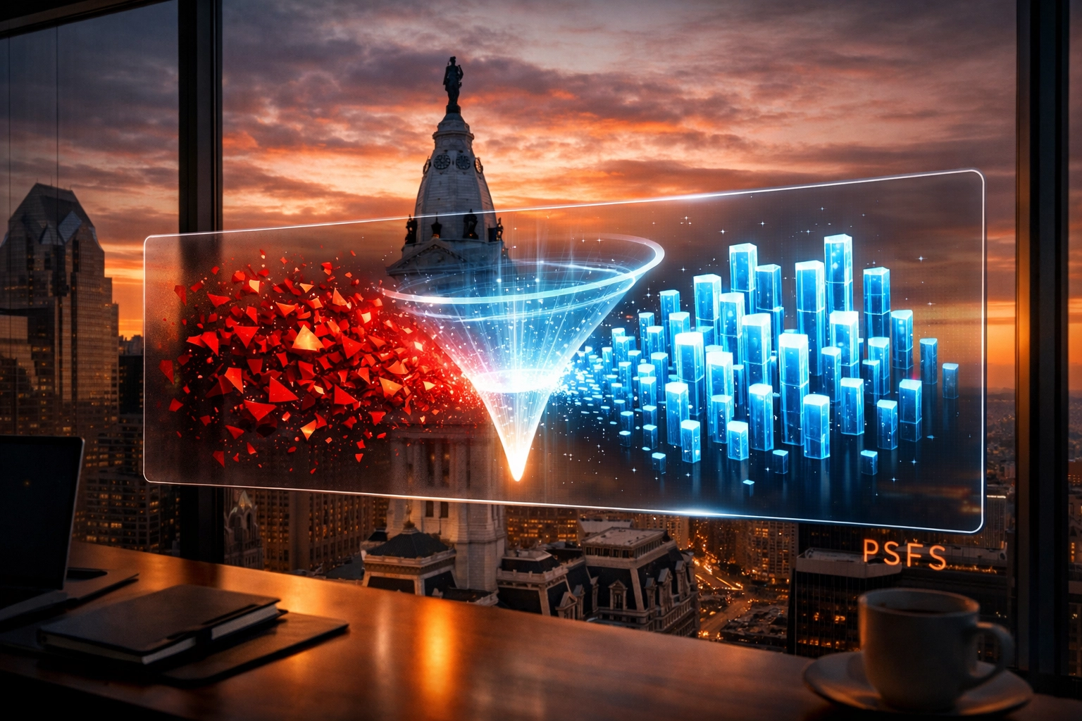 AI interface cleaning messy lead data over a Philadelphia Center City skyline view at sunset.