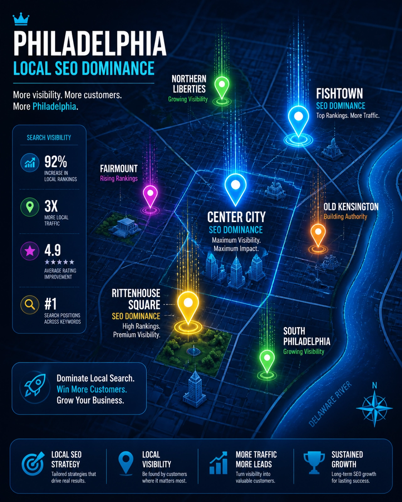 Digital map of Philadelphia highlighting local SEO dominance