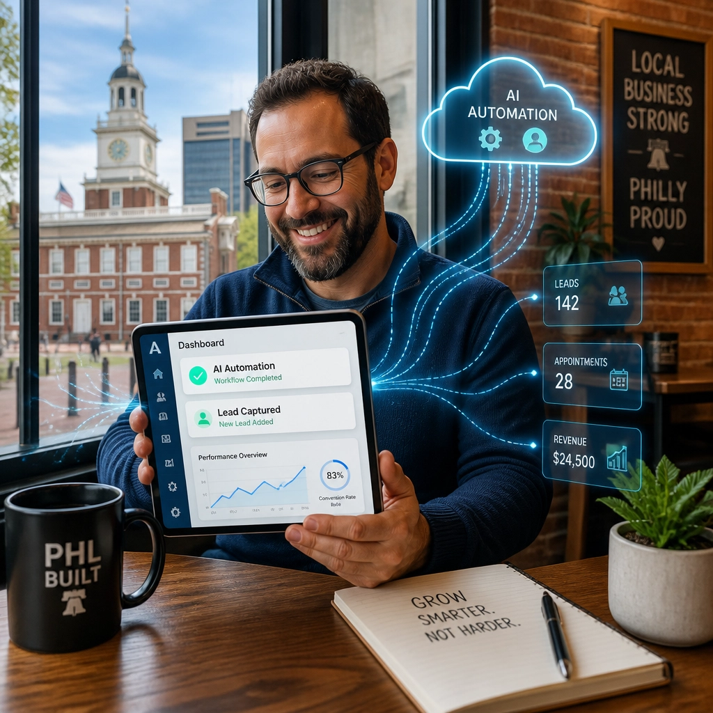 A Philadelphia business owner successfully managing automated leads and AI notifications at a local cafe.