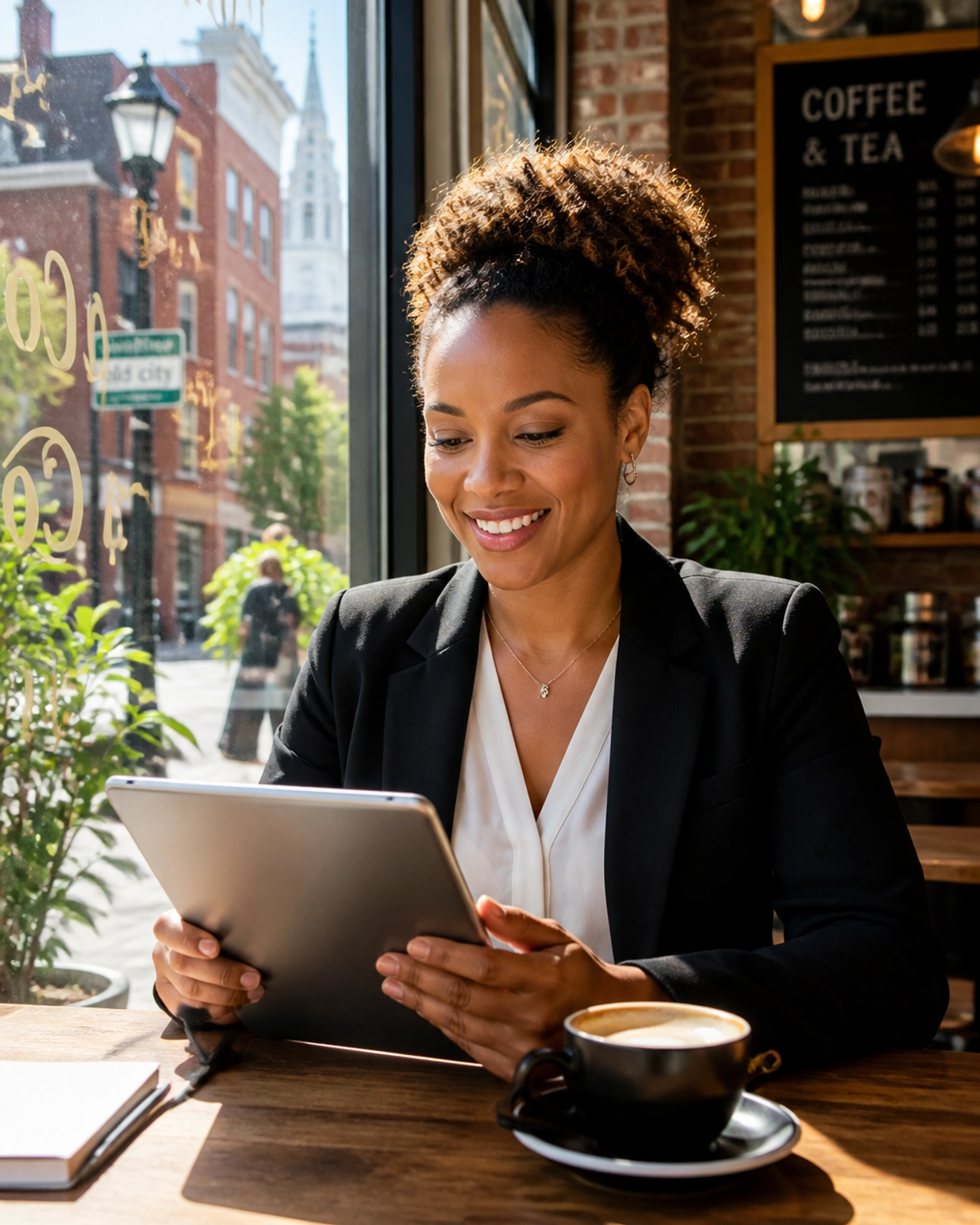 A successful business owner in a Philadelphia cafe managing their automated business on a tablet