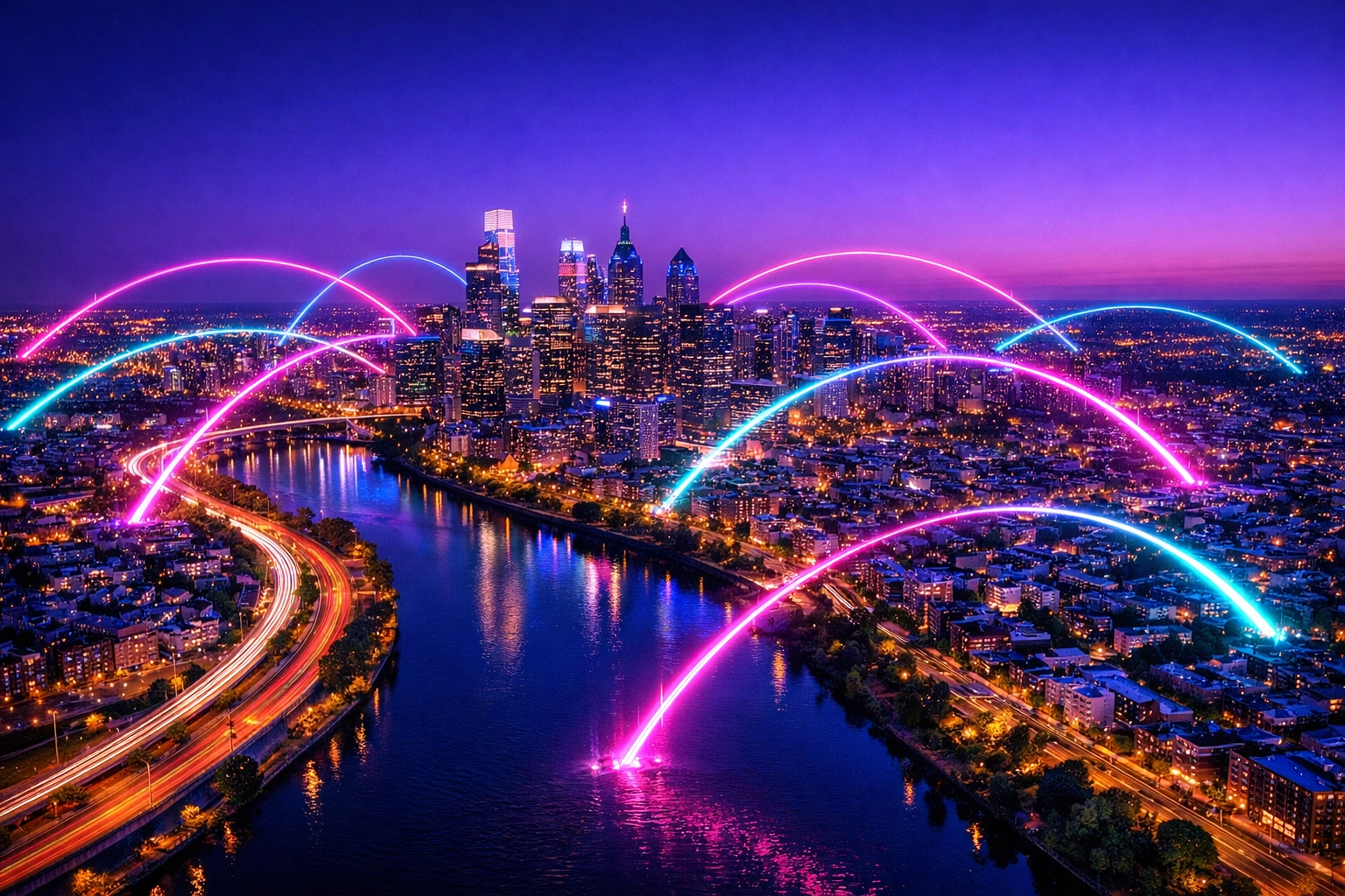 Philadelphia skyline connected by digital light networks symbolizing AI-driven business connectivity.