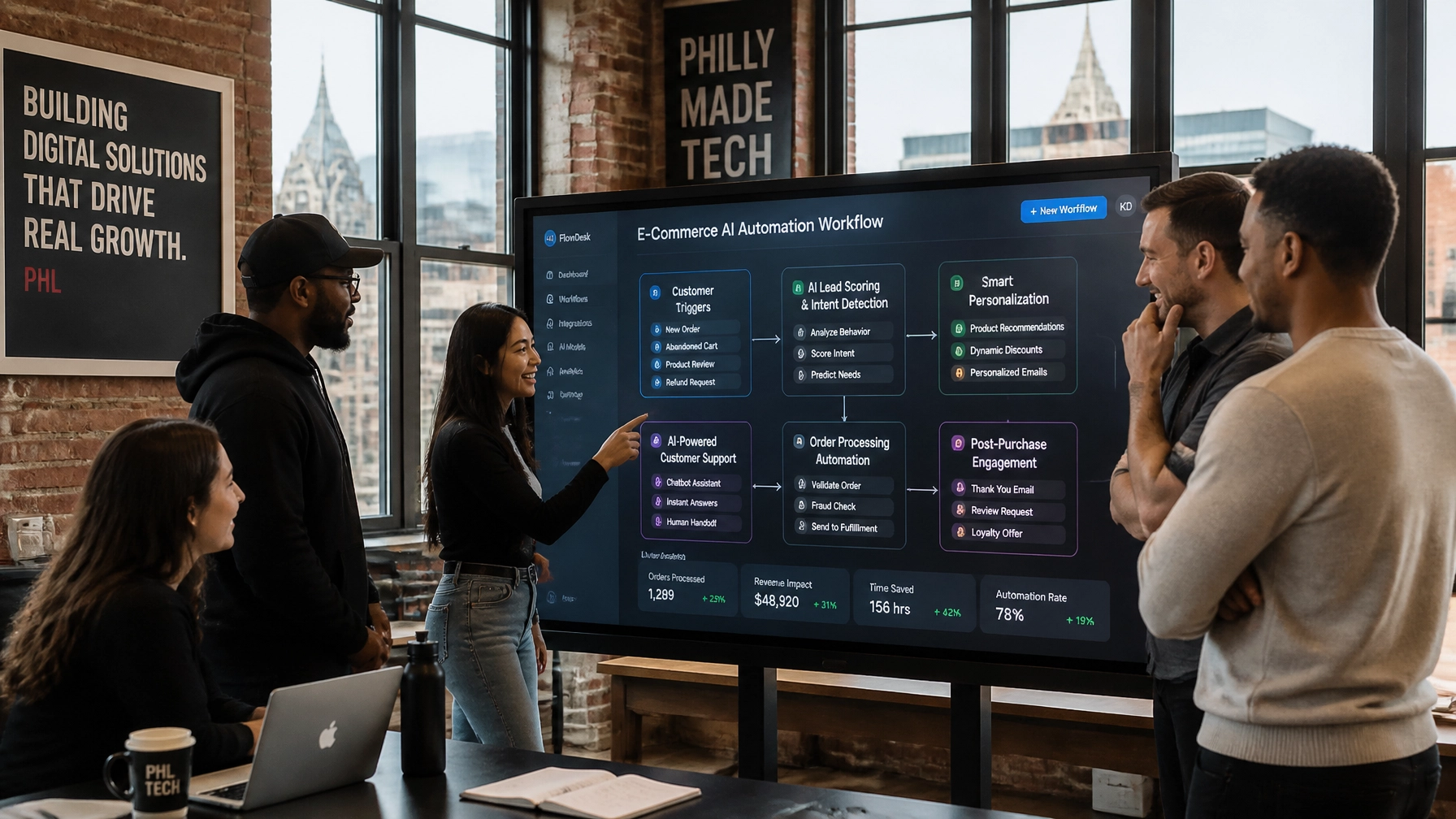 A collaborative Philadelphia-based team discussing AI web design workflows