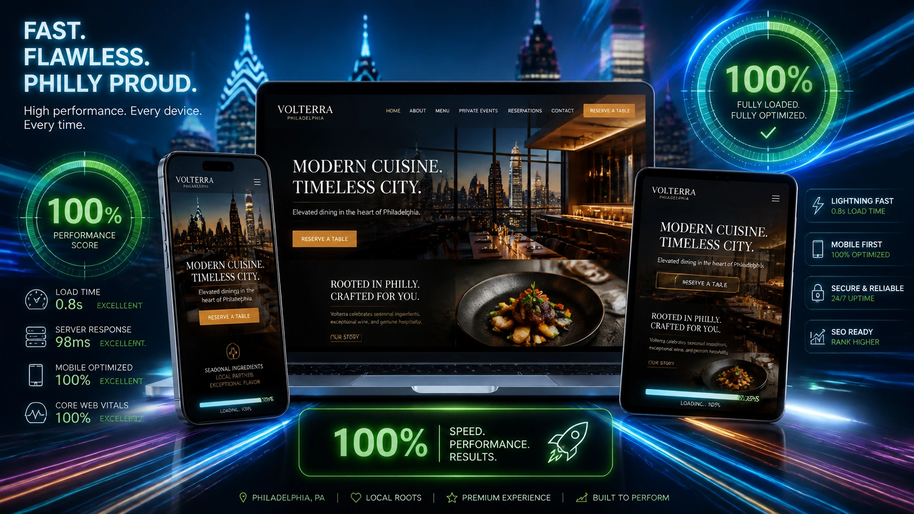 Website loading at high speed on multiple devices with 100% performance indicators