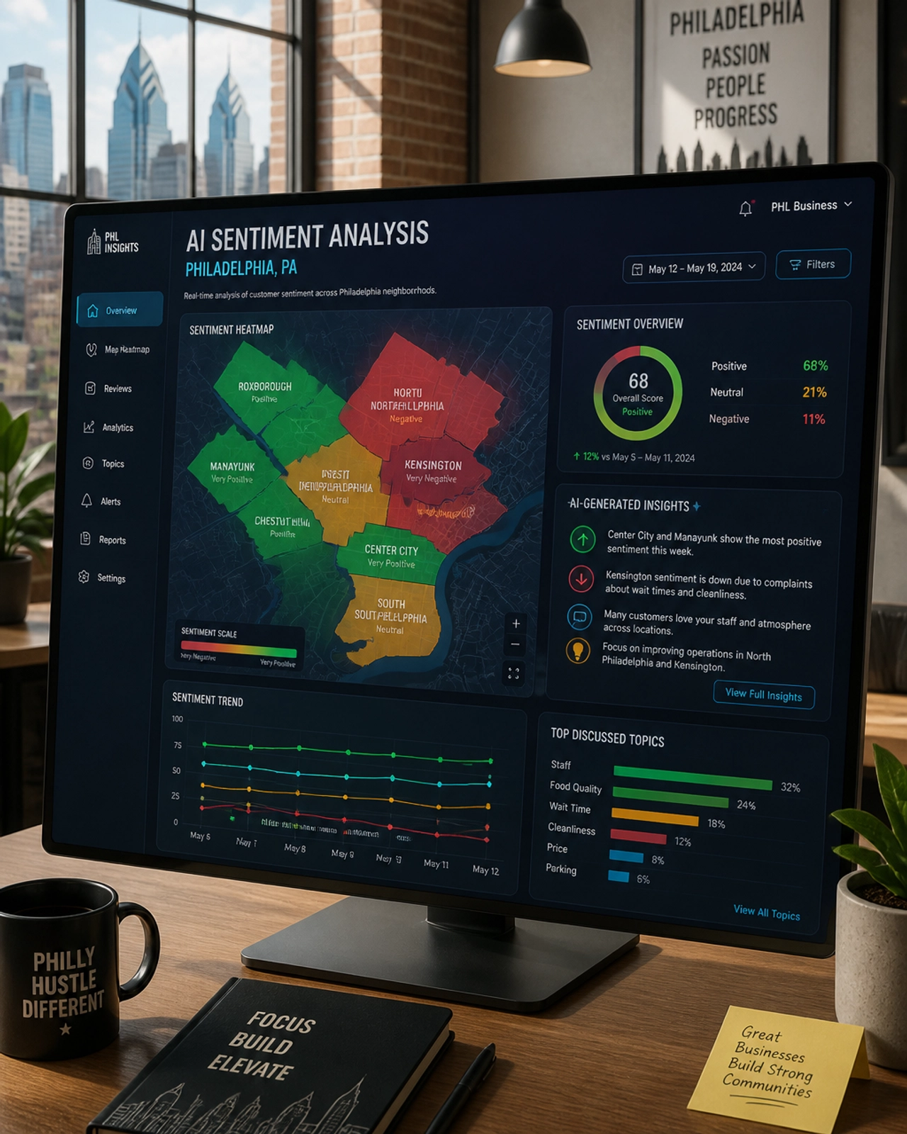A futuristic dashboard interface showing AI sentiment analysis and heatmaps for Philadelphia business reviews.