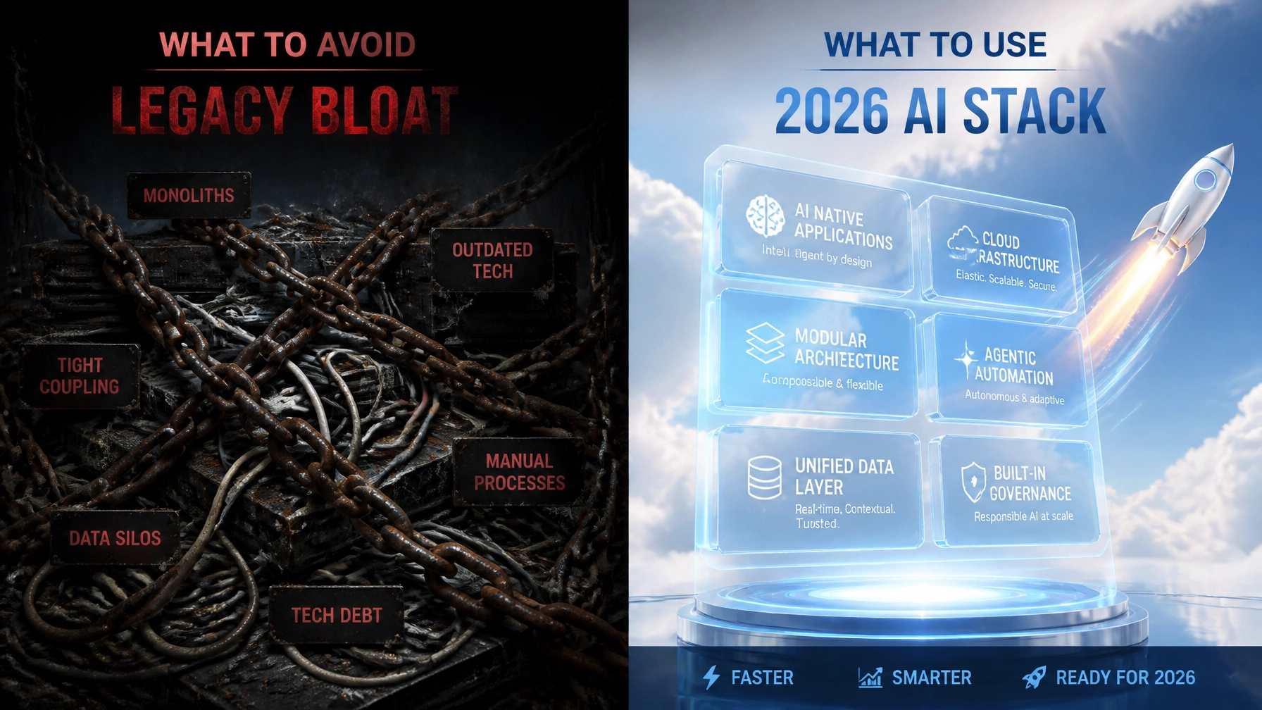 Comparison visual between legacy tech bloat and modern 2026 AI stack