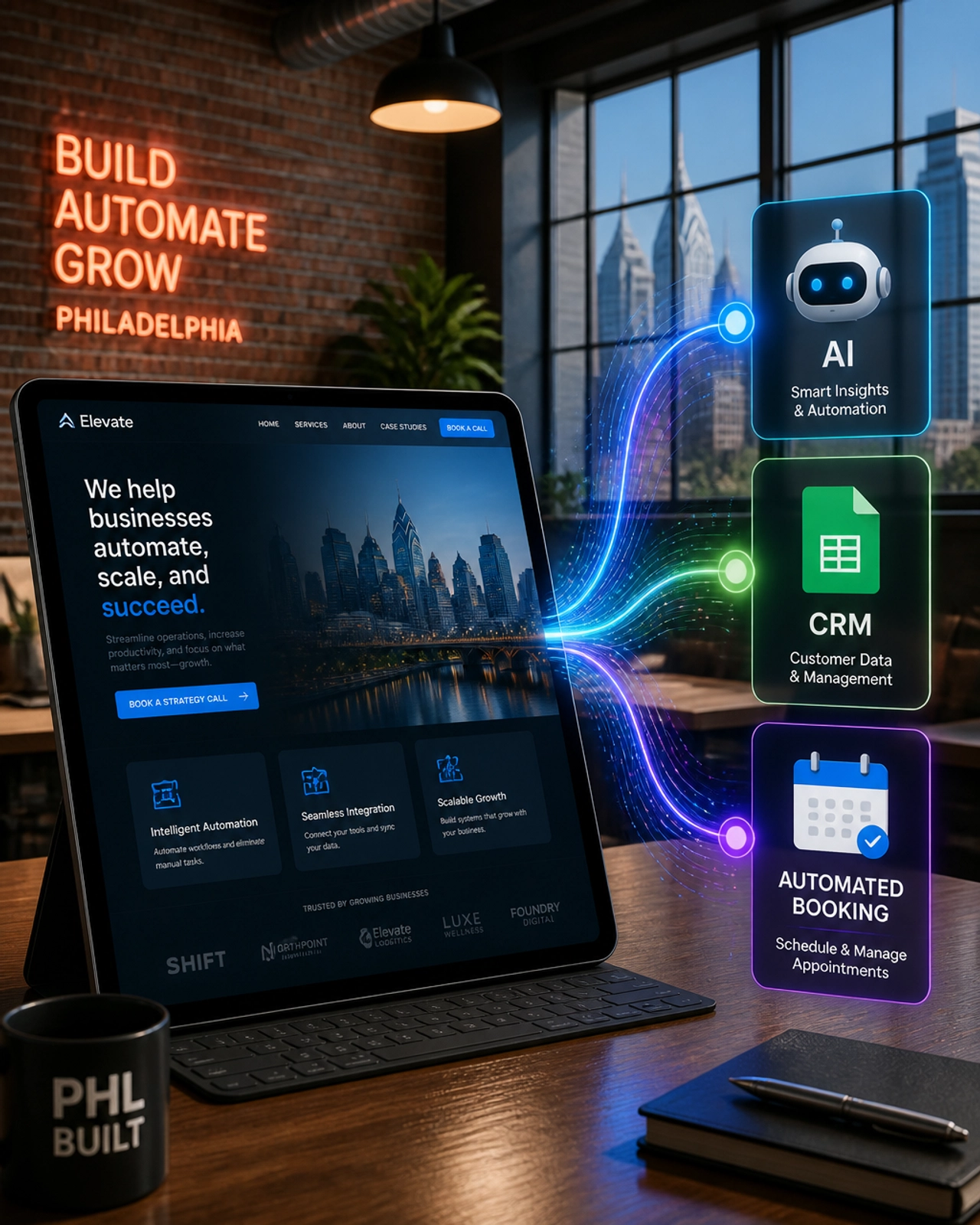 A modern website interface connecting to AI, CRM, and Booking tools
